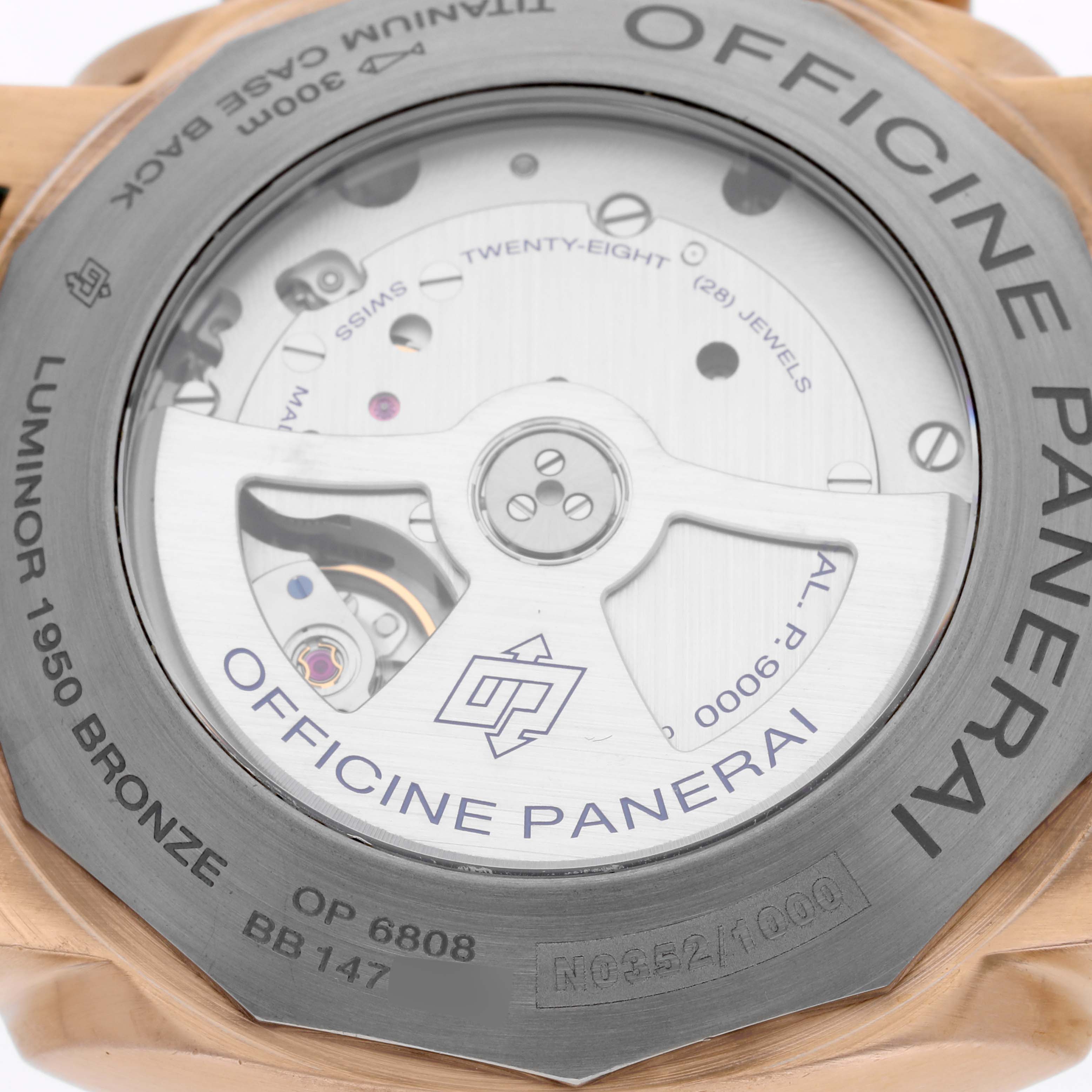 The image shows the back side of a Panerai Submersible PAM00382 Men's Bronze Black Dial PAM00382 Men's Bronze Black Dial watch, focusing on the movement and engravings.