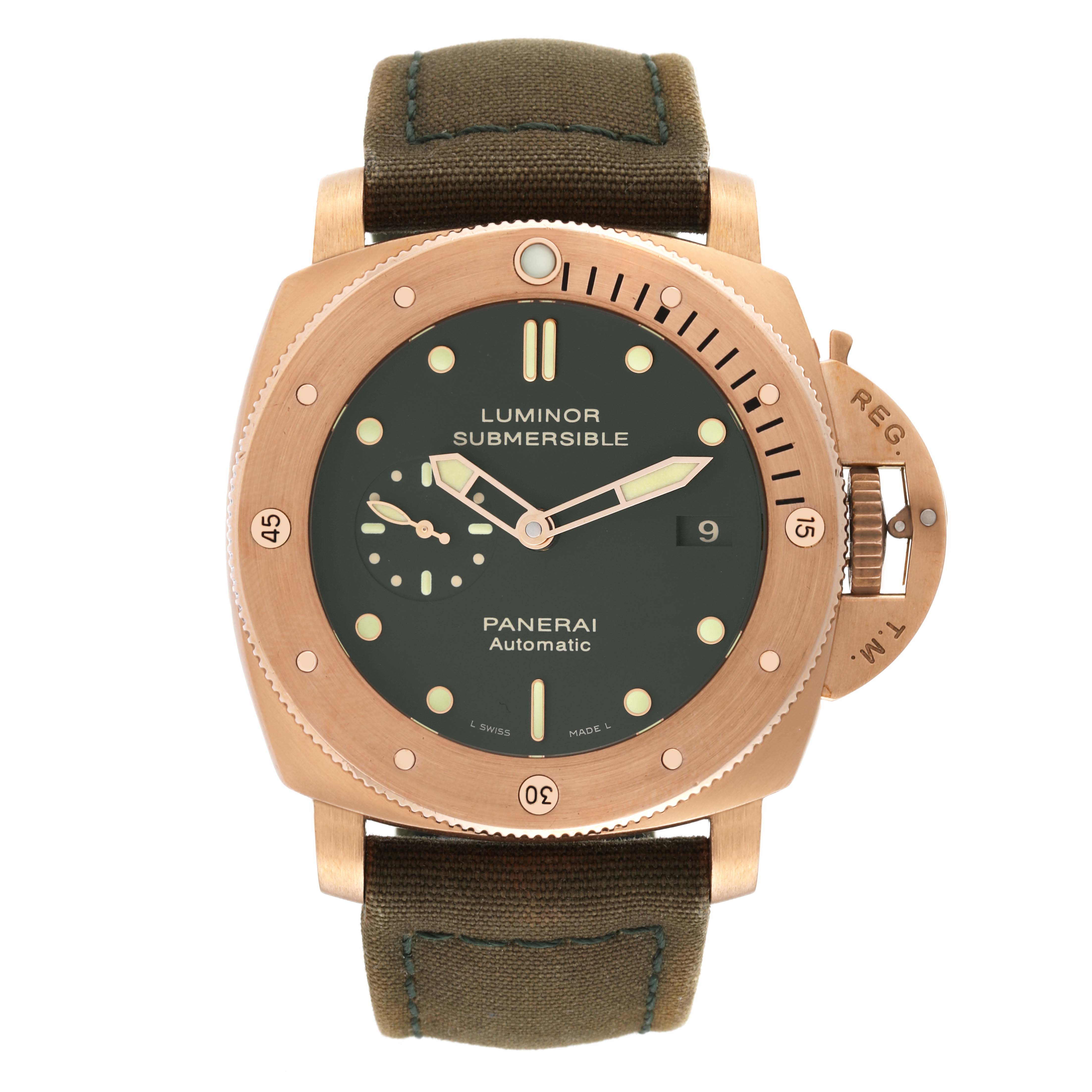 The Panerai Submersible PAM00382 Men's Bronze Black Dial PAM00382 Men's Bronze Black Dial watch is shown from a top view, highlighting its face, bezel, and crown guard.