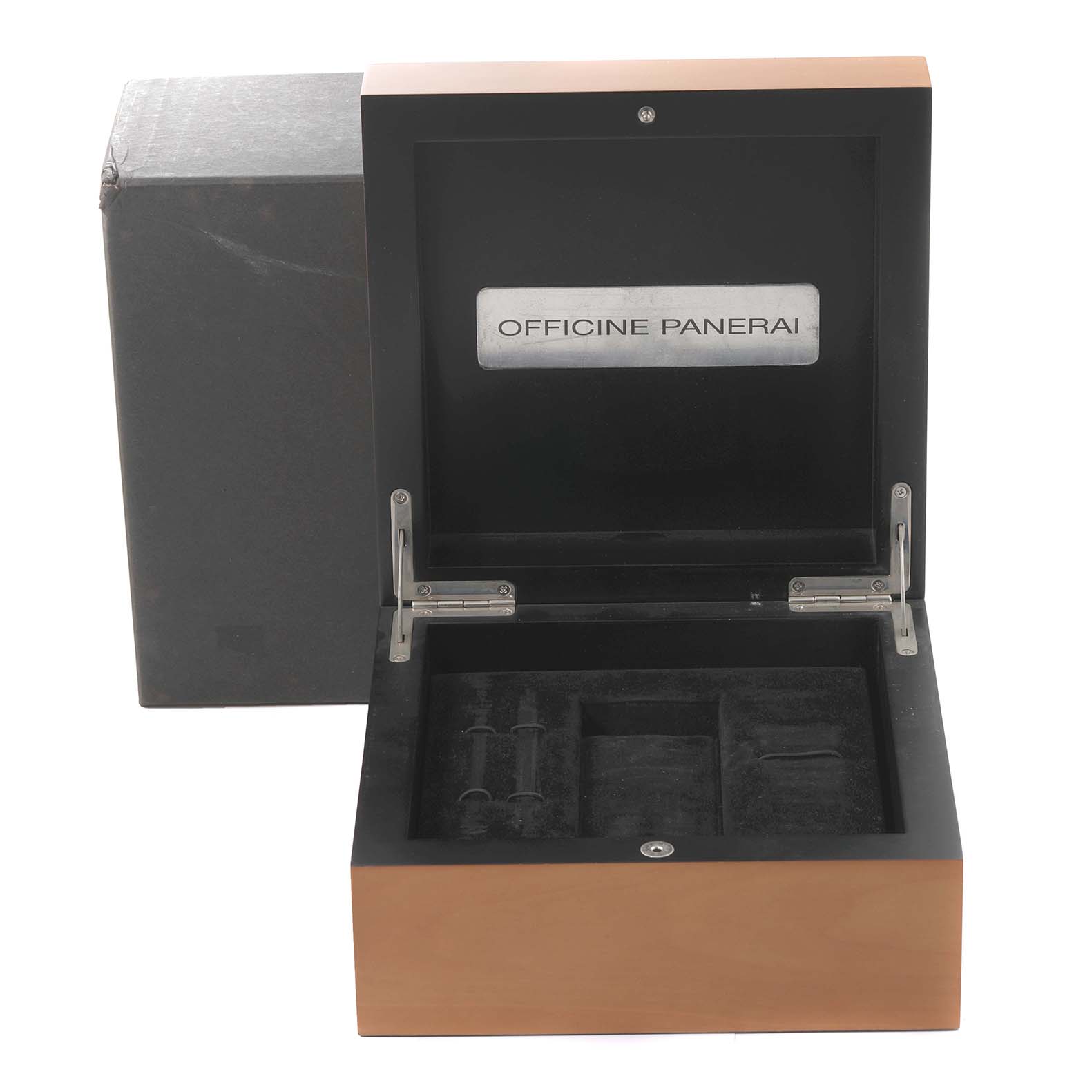 The image shows an open Panerai Submersible PAM00382 Men's Bronze Black Dial PAM00382 Men's Bronze Black Dial watch box with compartments, viewed from the front.