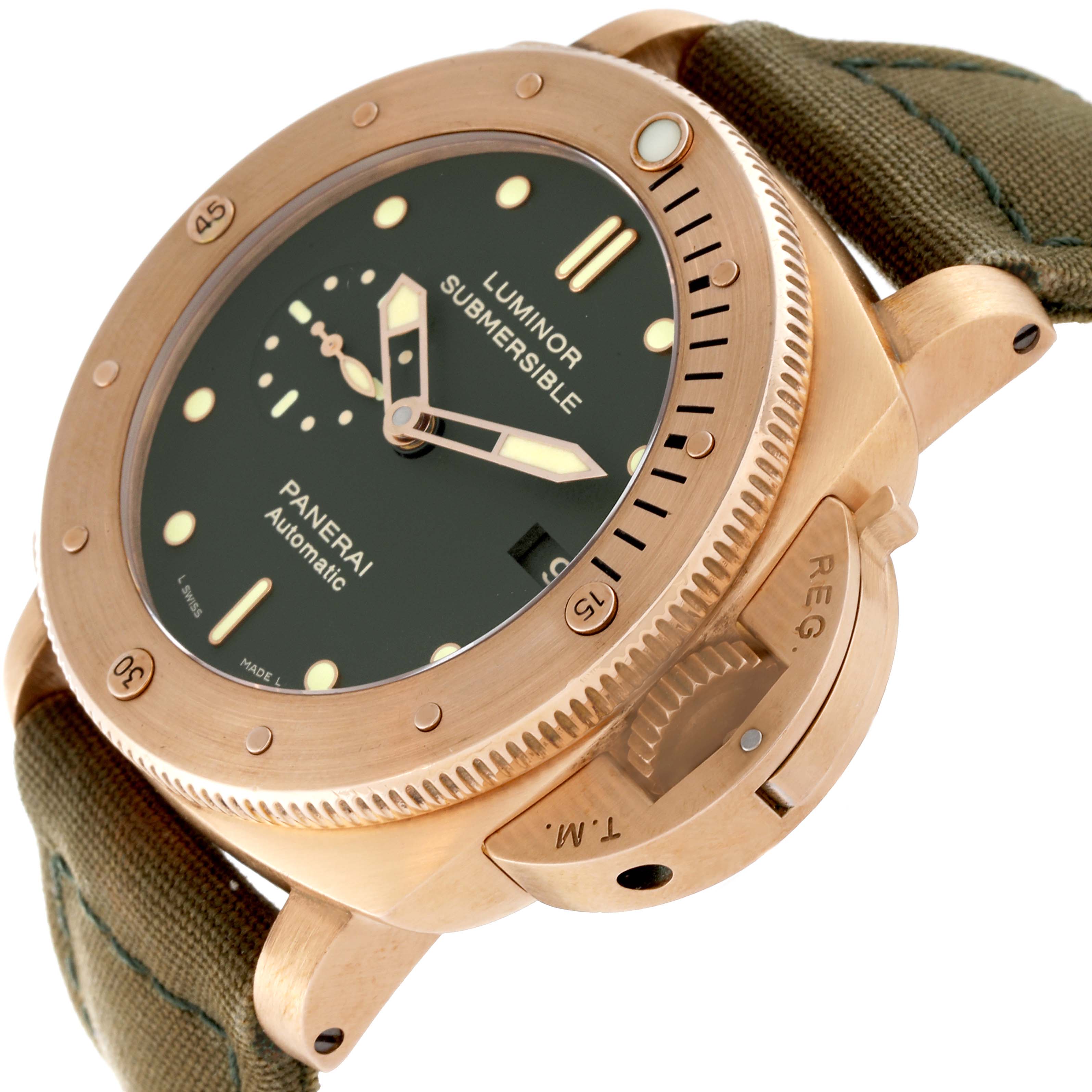 The Panerai Submersible PAM00382 Men's Bronze Black Dial PAM00382 Men's Bronze Black Dial watch is shown at an oblique angle, highlighting the face, bezel, and part of the strap.