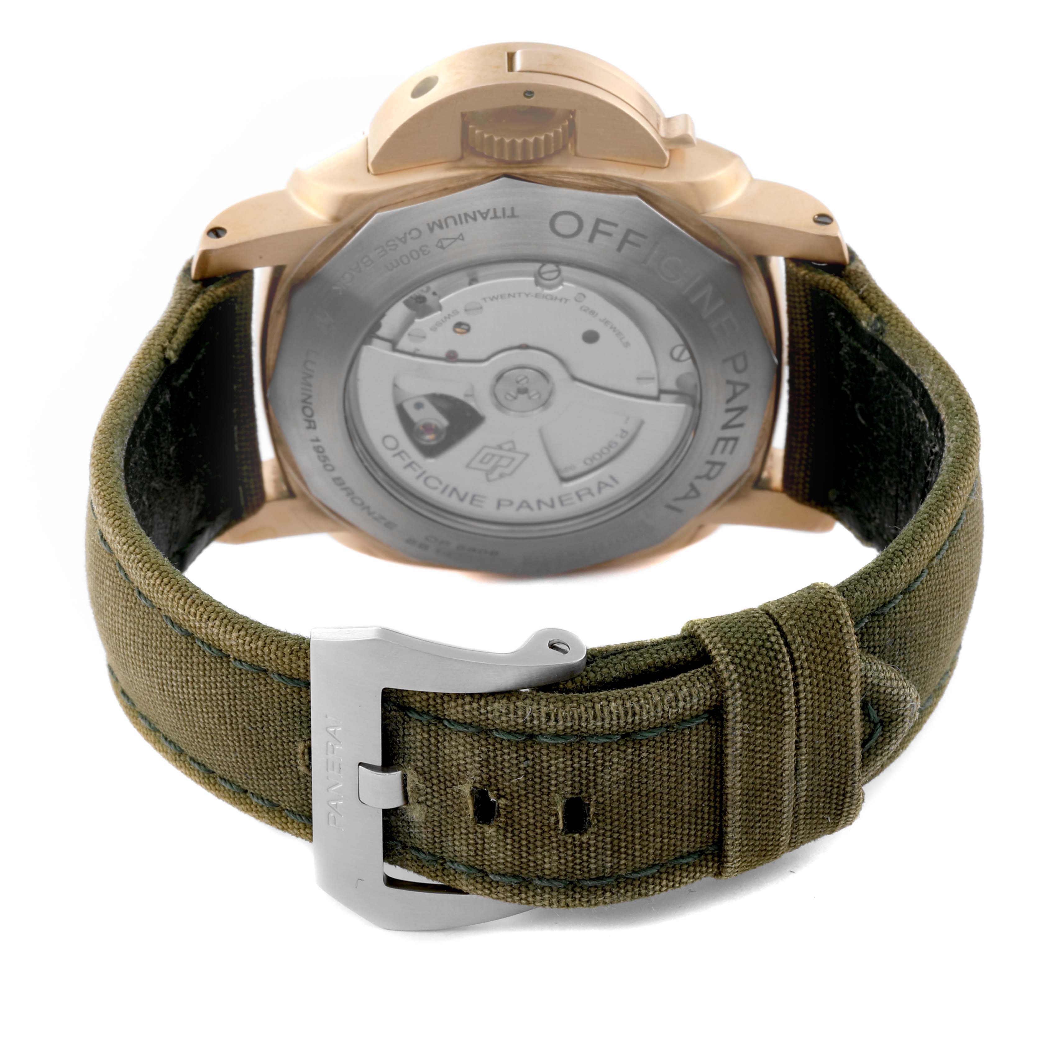 The image shows a rear view of the Panerai Submersible PAM00382 Men's Bronze Black Dial PAM00382 Men's Bronze Black Dial watch, highlighting its case back and green fabric strap.