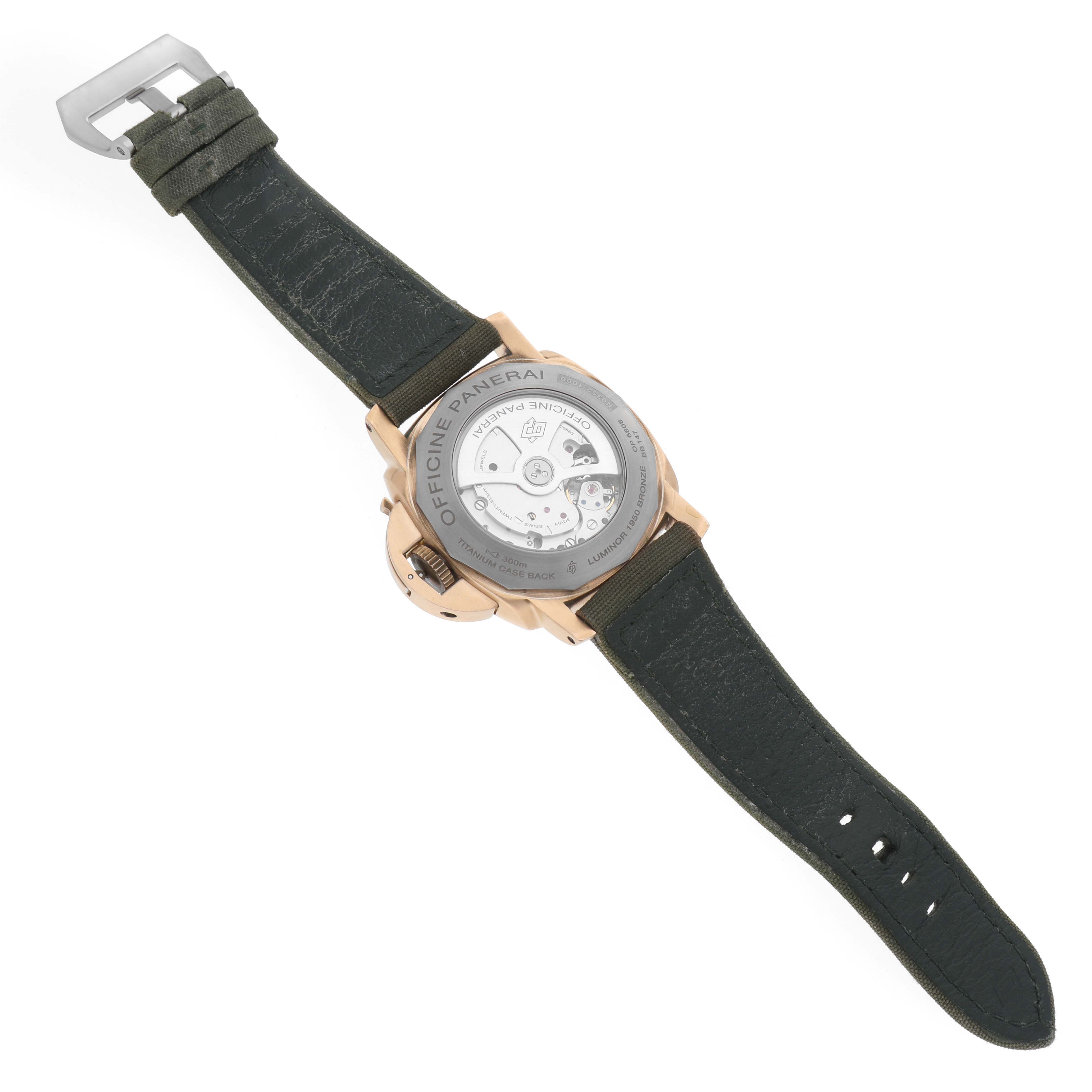 The image shows the back view of a Panerai Submersible PAM00382 Men's Bronze Black Dial PAM00382 Men's Bronze Black Dial watch, highlighting its case back and strap.