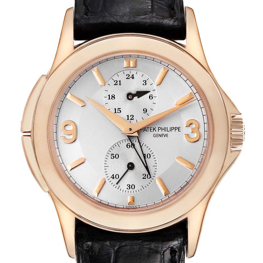 The image shows a Patek Philippe Calatrava watch from a front angle, highlighting its face, case, and strap.