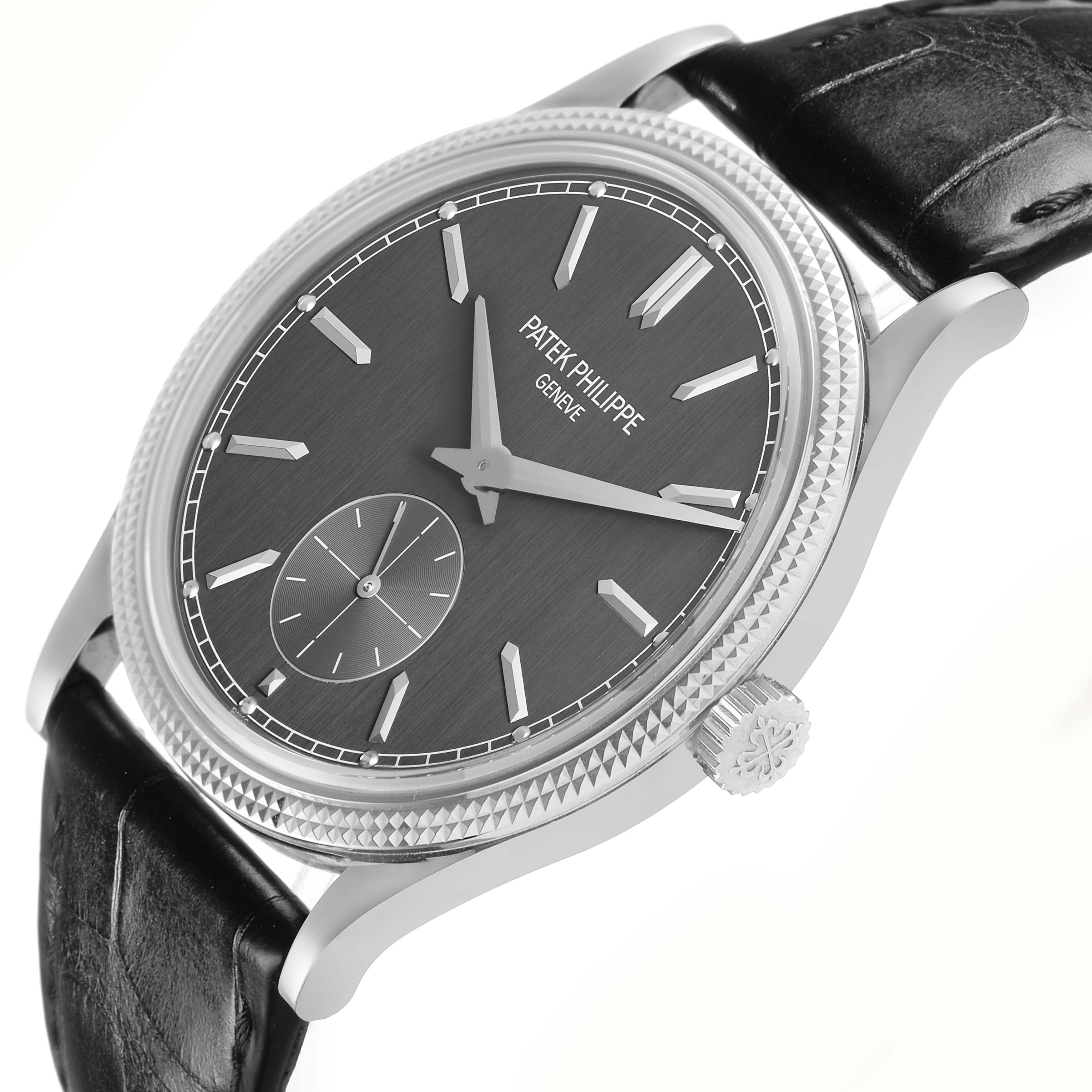 The Patek Philippe Calatrava 6119G-001 Men's White Gold Grey Dial watch is shown at an angled front view, displaying the dial, bezel, case, and strap.