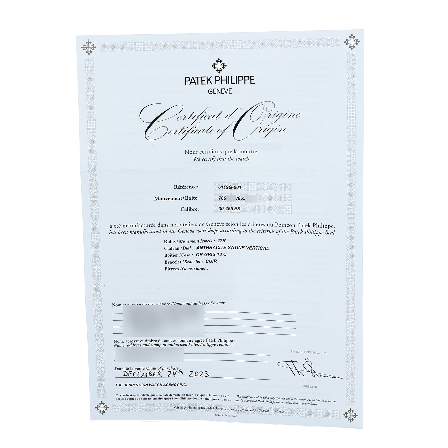 The image shows the Certificate of Origin for a Patek Philippe Calatrava 6119G-001 Men's White Gold Grey Dial watch, featuring details like reference and caliber.