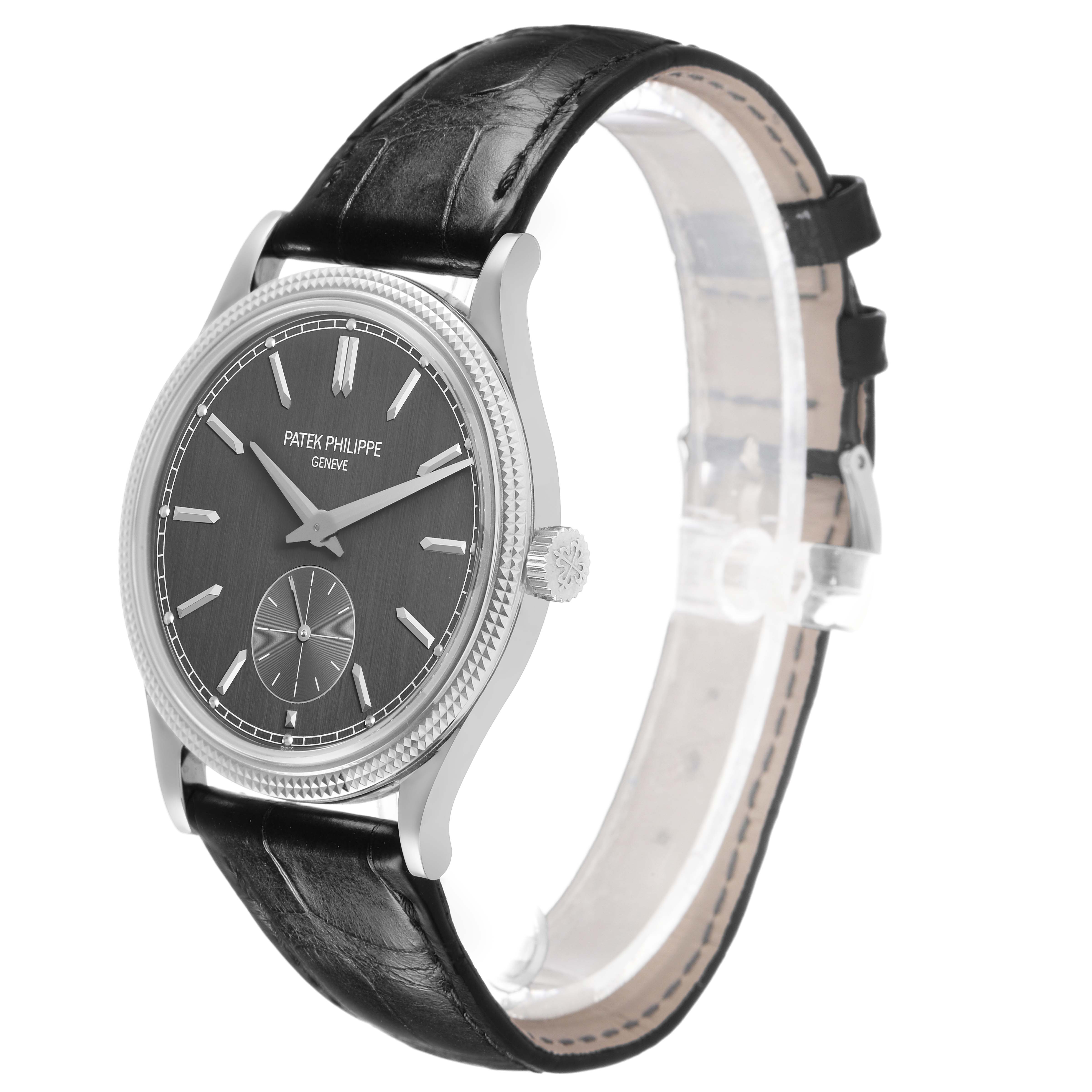The Patek Philippe Calatrava 6119G-001 Men's White Gold Grey Dial watch is shown at a slight angle, highlighting the dial, bezel, crown, and black leather strap.