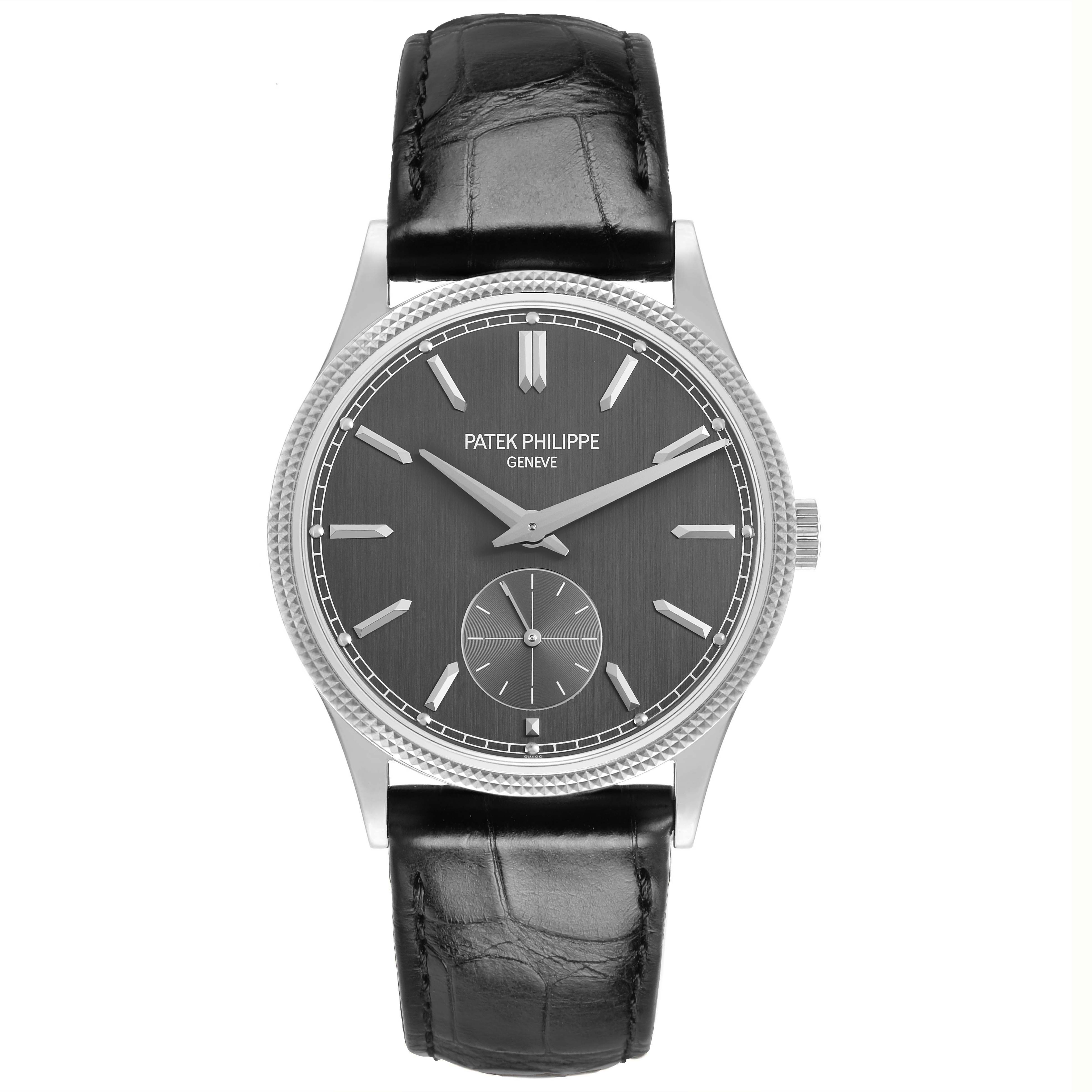 The Patek Philippe Calatrava 6119G-001 Men's White Gold Grey Dial watch is shown from a front angle, displaying its face, bezel, strap, and crown.