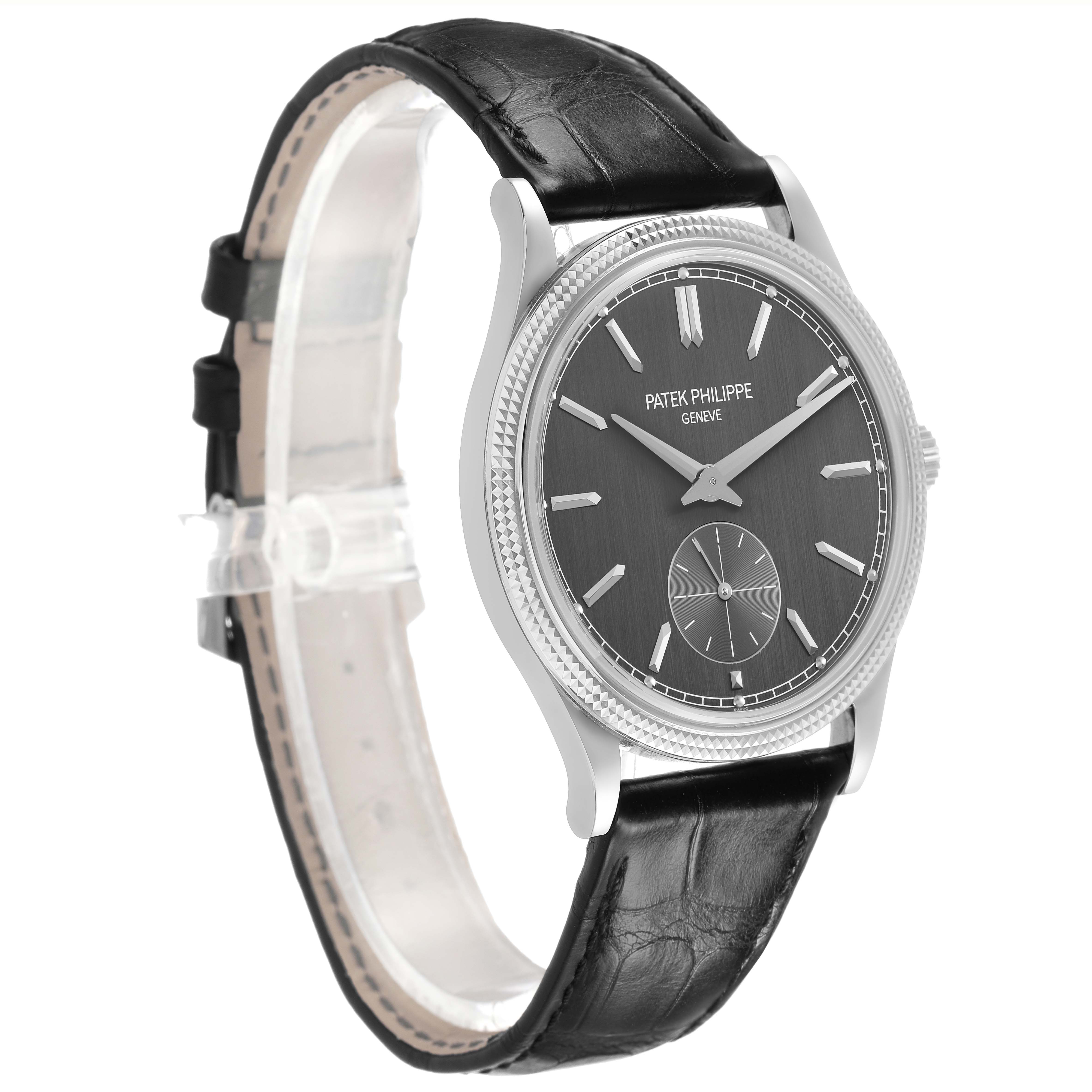 The Patek Philippe Calatrava 6119G-001 Men's White Gold Grey Dial watch is shown at a slight angle, highlighting the face, bezel, and leather strap.