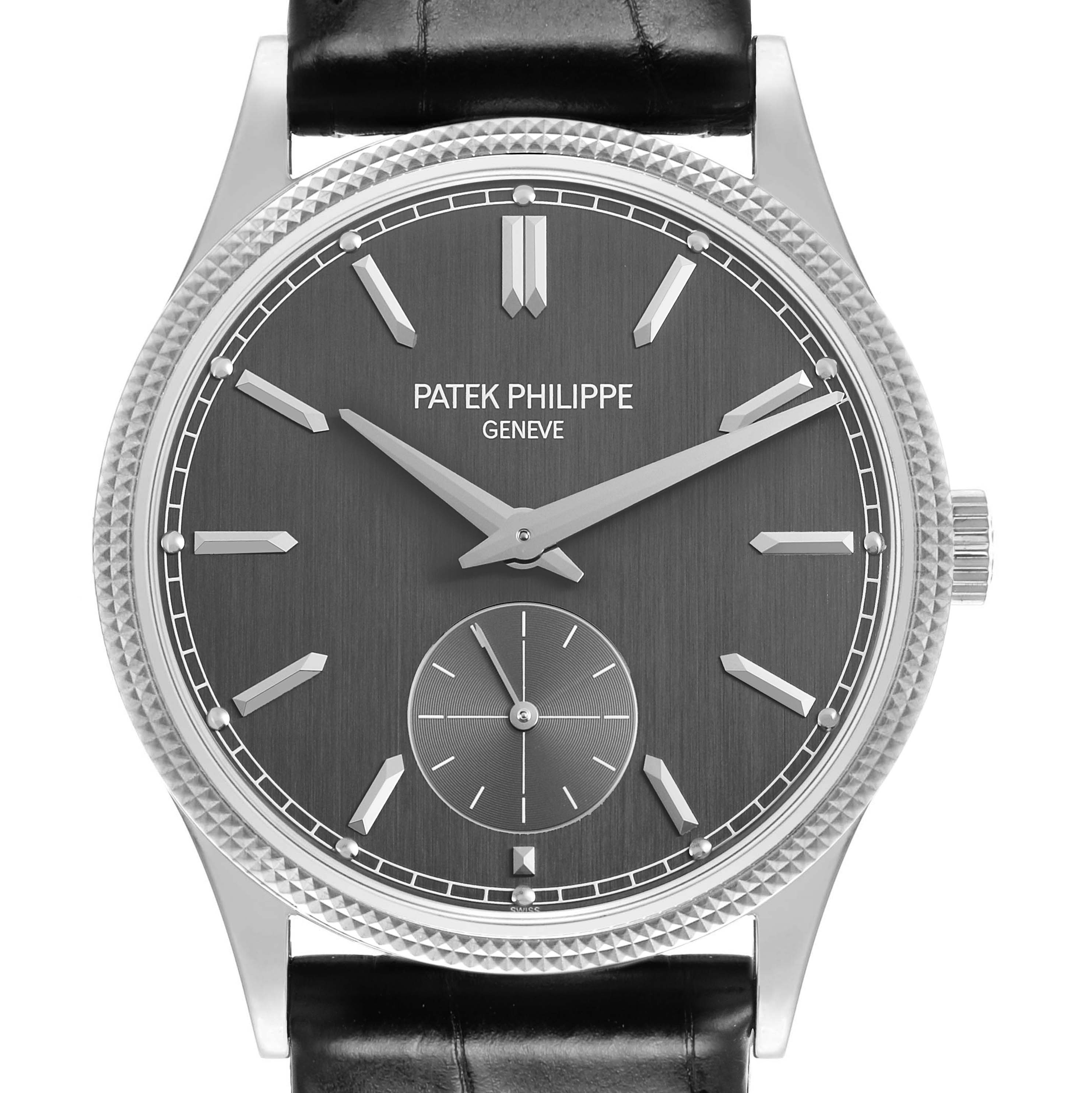 The image shows a front view of a Patek Philippe Calatrava 6119G-001 Men's White Gold Grey Dial watch, highlighting the dial, markers, and hands.