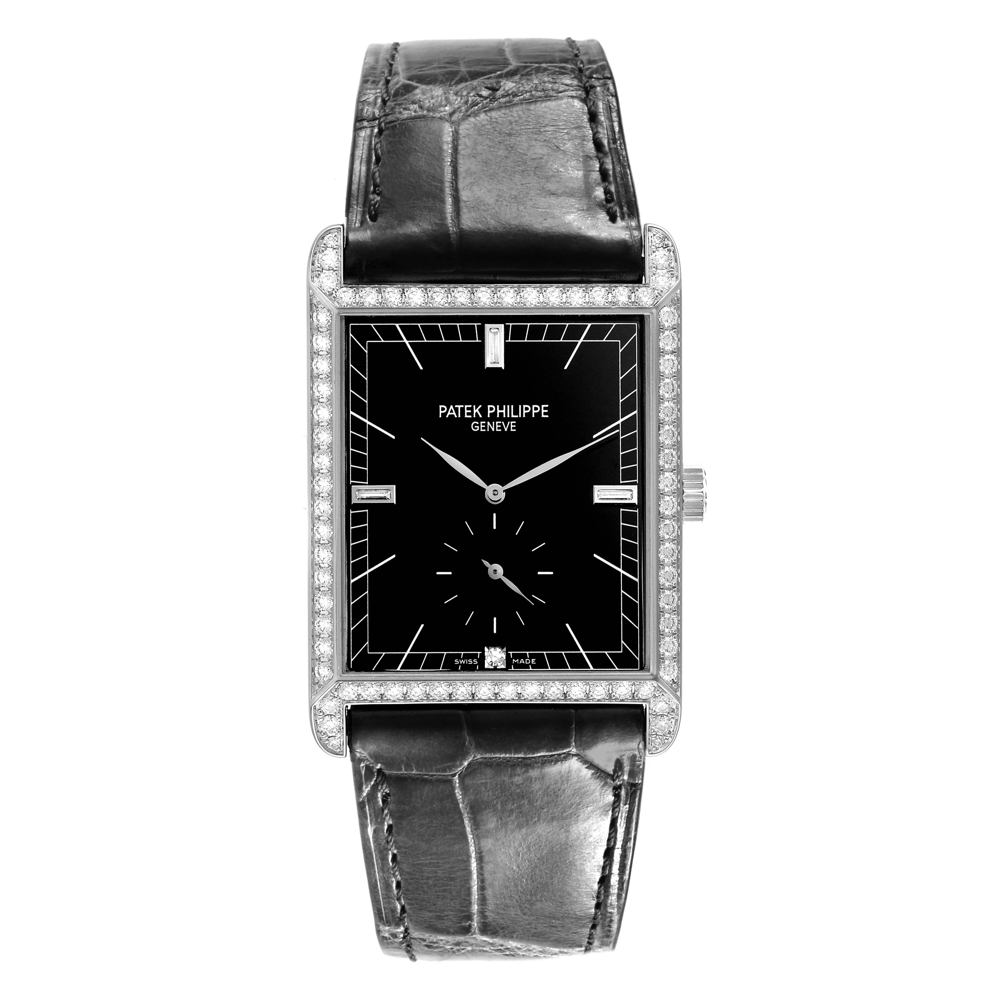 The image shows a front view of the Patek Philippe Gondolo 5112G Men's White Gold Black Dial watch, featuring a black dial, diamond bezel, and leather strap.