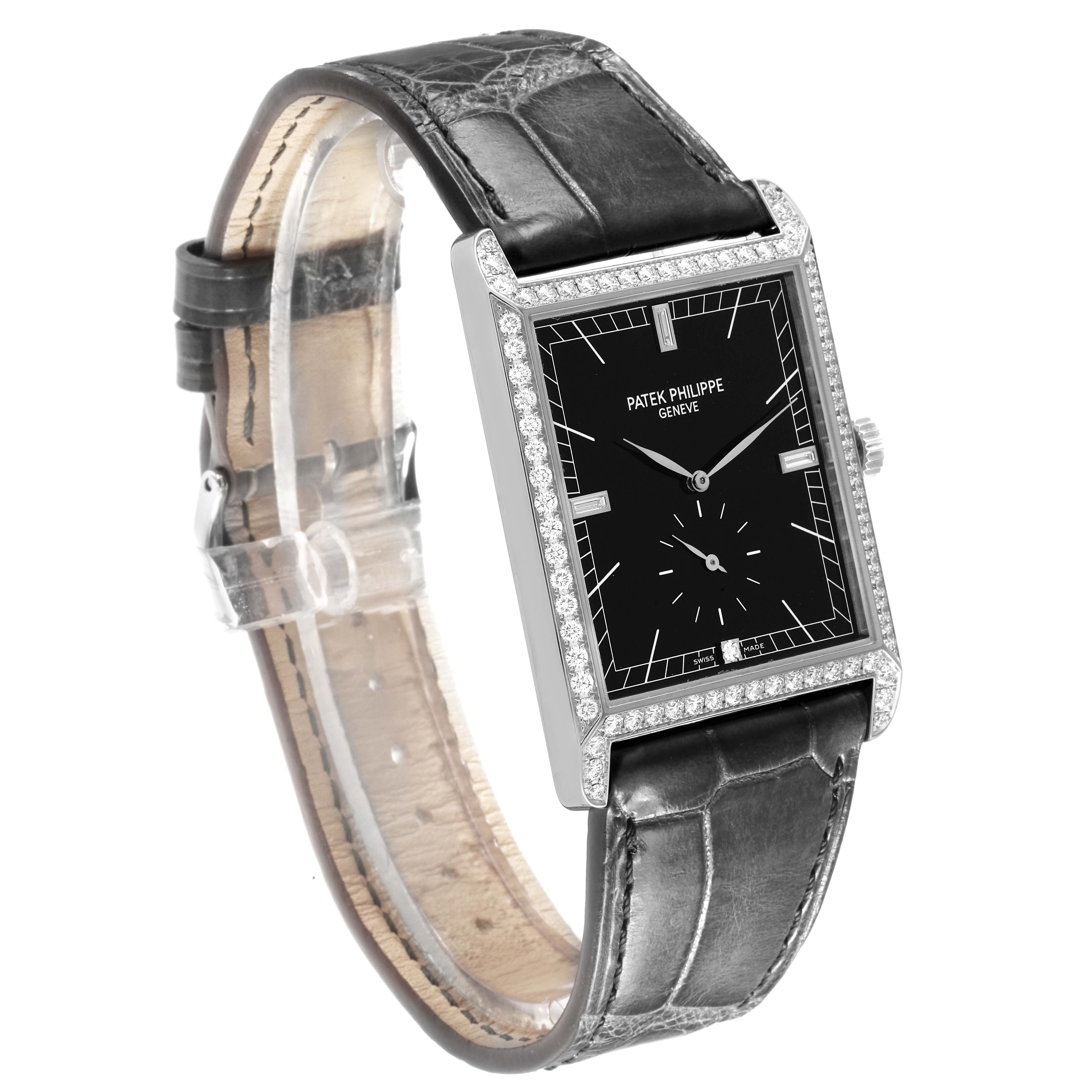 The Patek Philippe Gondolo 5112G Men's White Gold Black Dial watch is shown at a three-quarter angle, highlighting the bezel, dial, and leather strap.