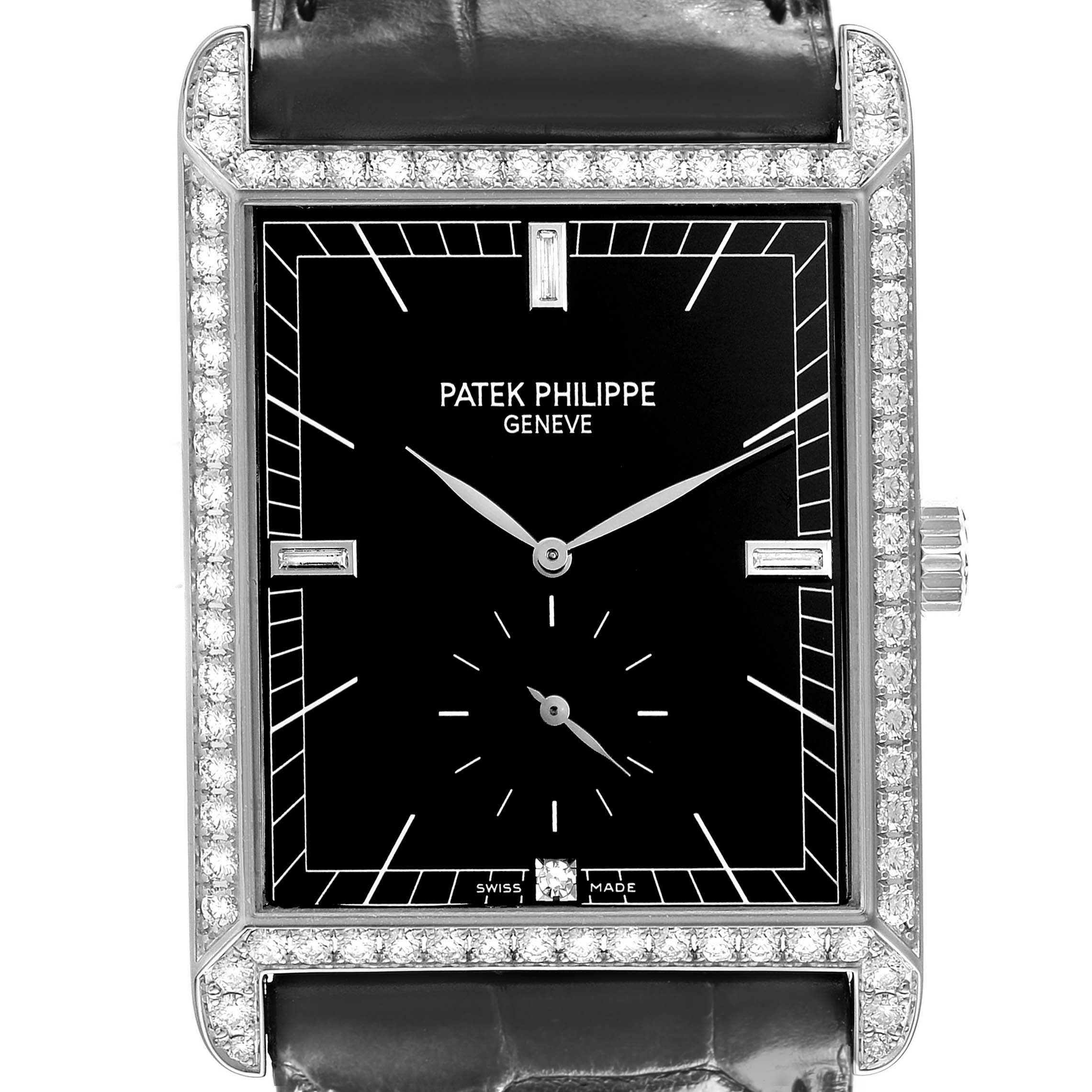 The Patek Philippe Gondolo 5112G Men's White Gold Black Dial watch is shown frontally, highlighting the rectangular face, diamond bezel, and black leather strap.