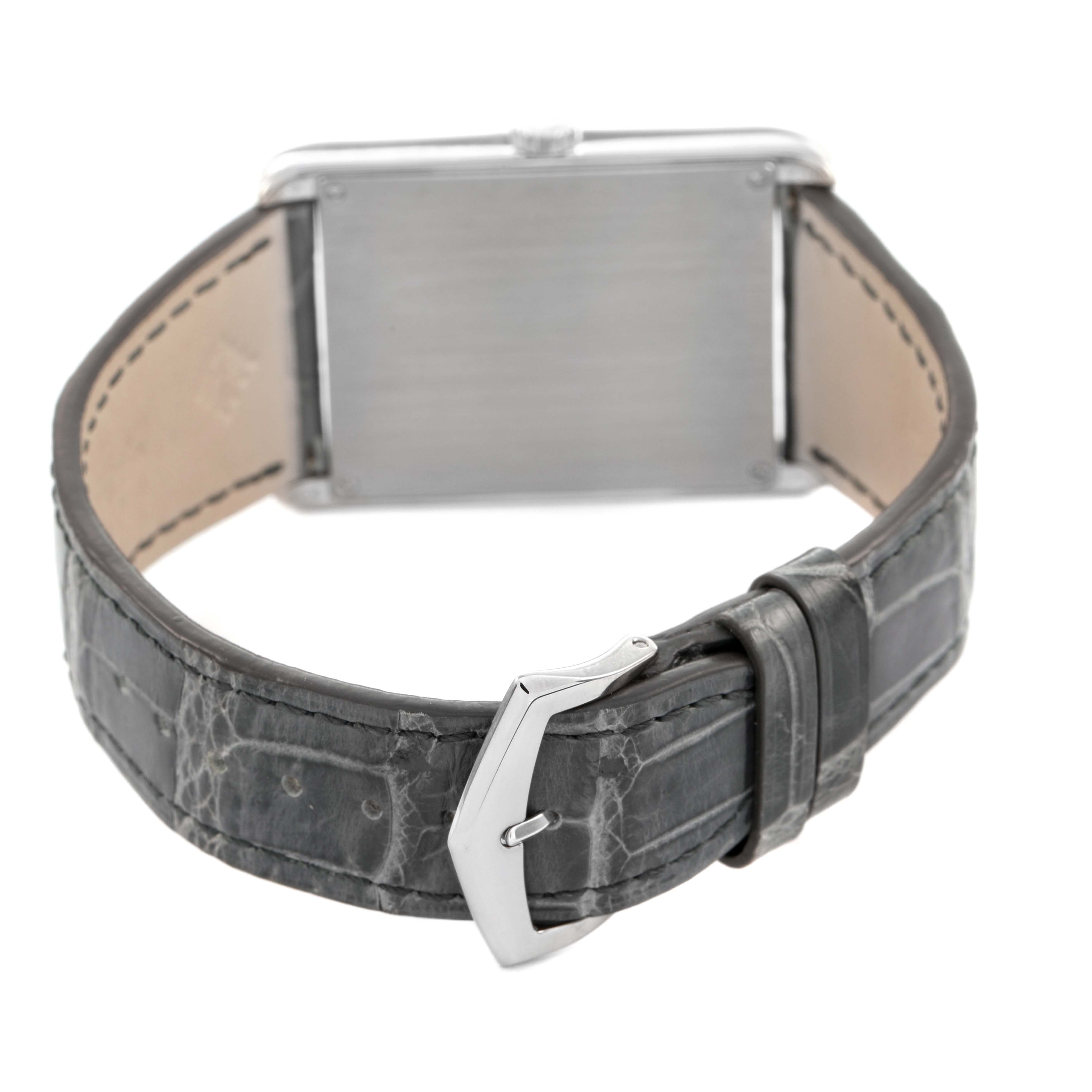 The image shows the back view of the Patek Philippe Gondolo 5112G Men's White Gold Black Dial watch, highlighting the leather strap and buckle.