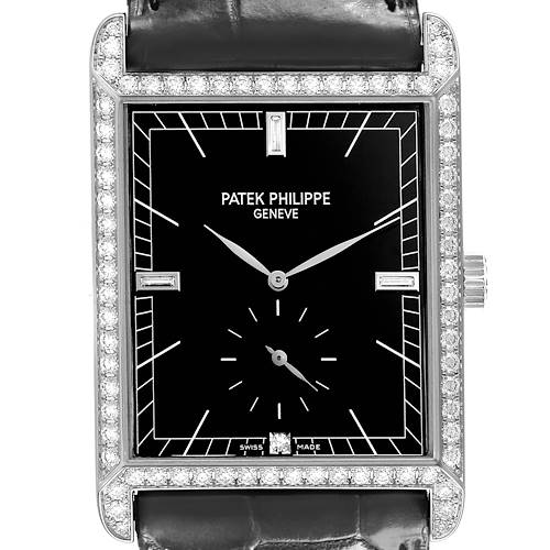 The Patek Philippe Gondolo 5112G Men's White Gold Black Dial watch is shown from the front, highlighting its rectangular case and diamond-studded bezel.