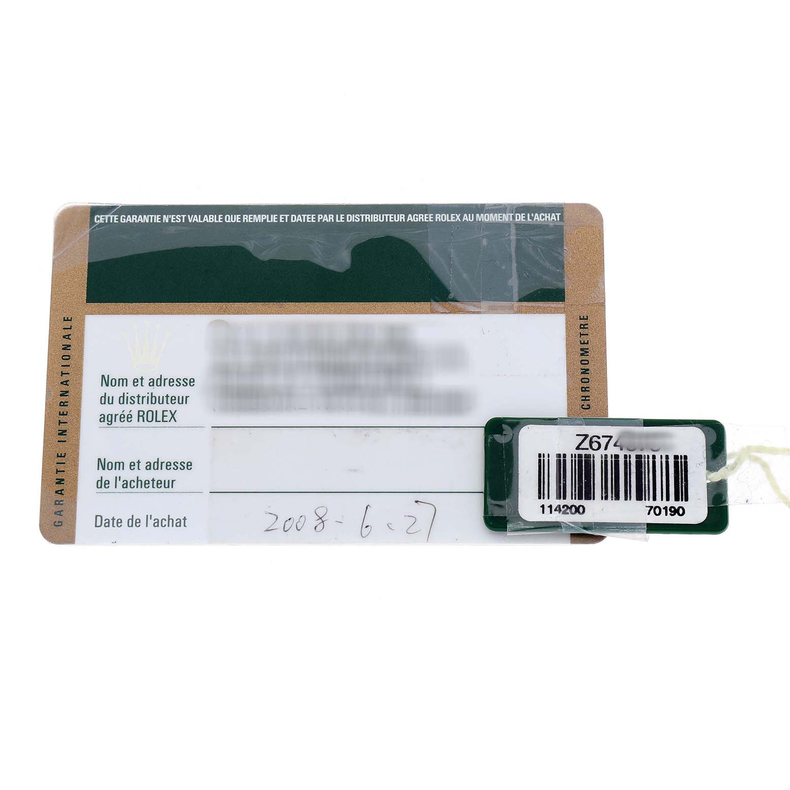 The image shows a warranty card for a Rolex Air-King 114200 Men's Stainless Steel Silver Dial watch, including distributor and purchase details.