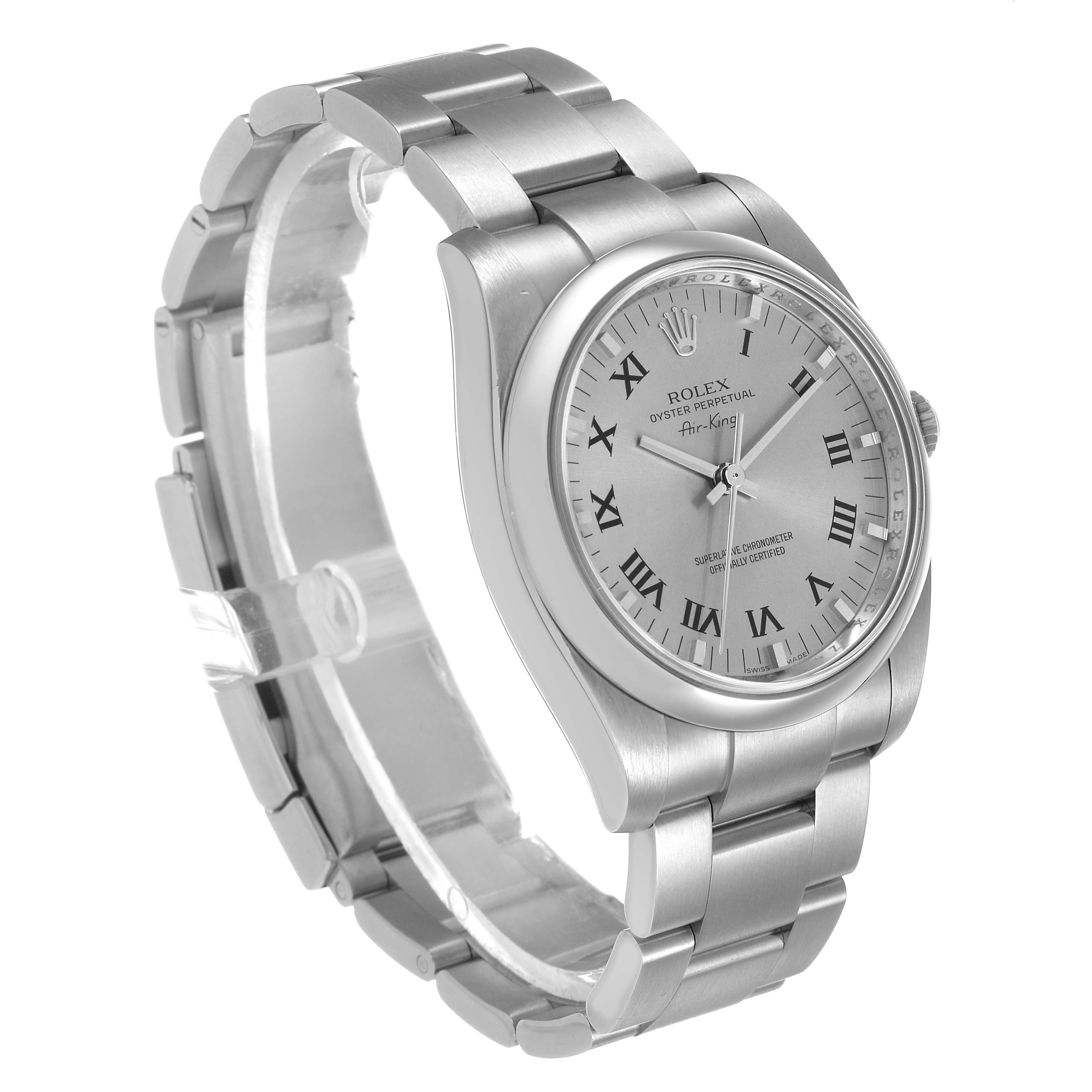 The Rolex Air-King 114200 Men's Stainless Steel Silver Dial watch is shown from an angled side view, highlighting the dial, bezel, and bracelet.
