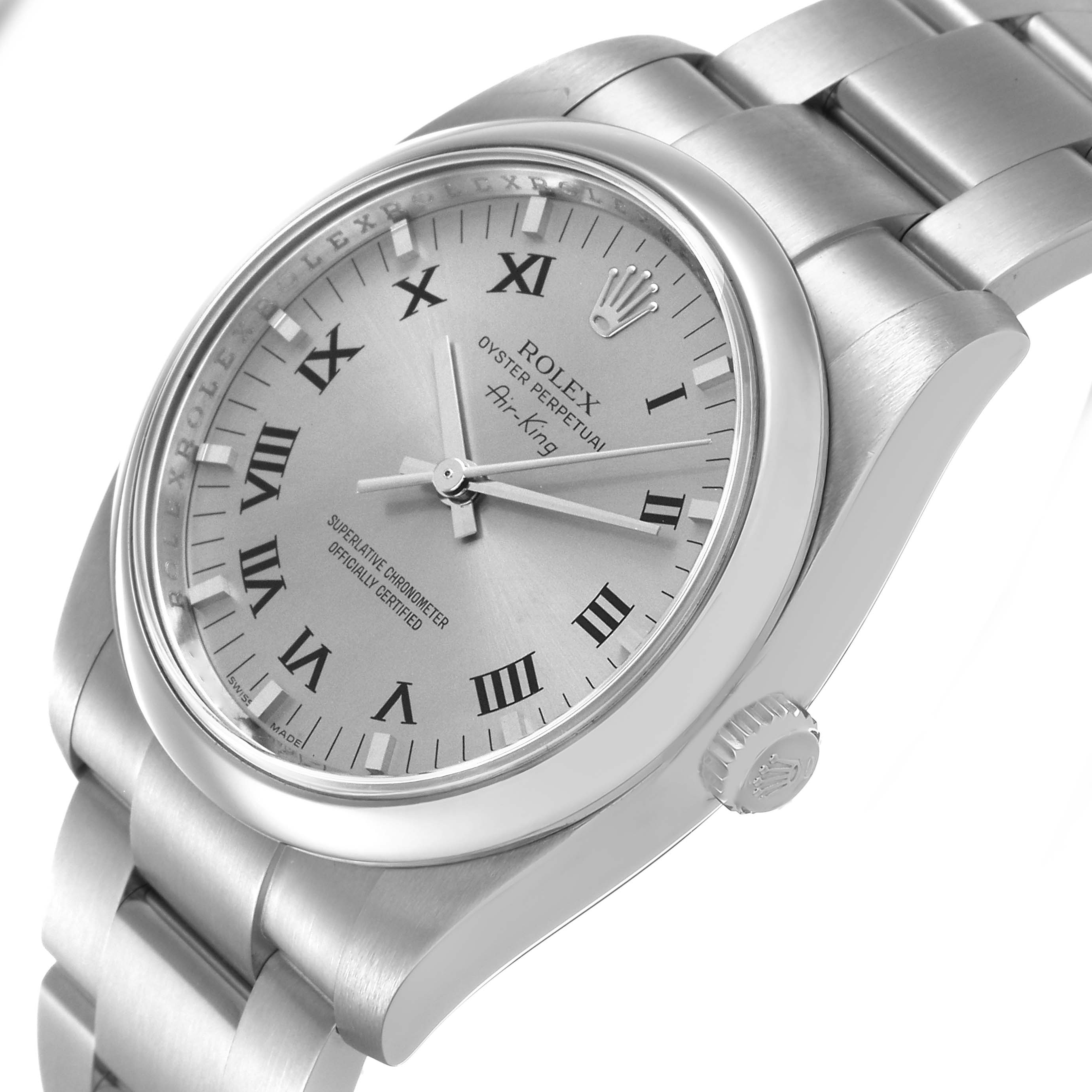 The Rolex Air-King 114200 Men's Stainless Steel Silver Dial is shown at an angled side view, highlighting the face, bezel, crown, and links of the bracelet.