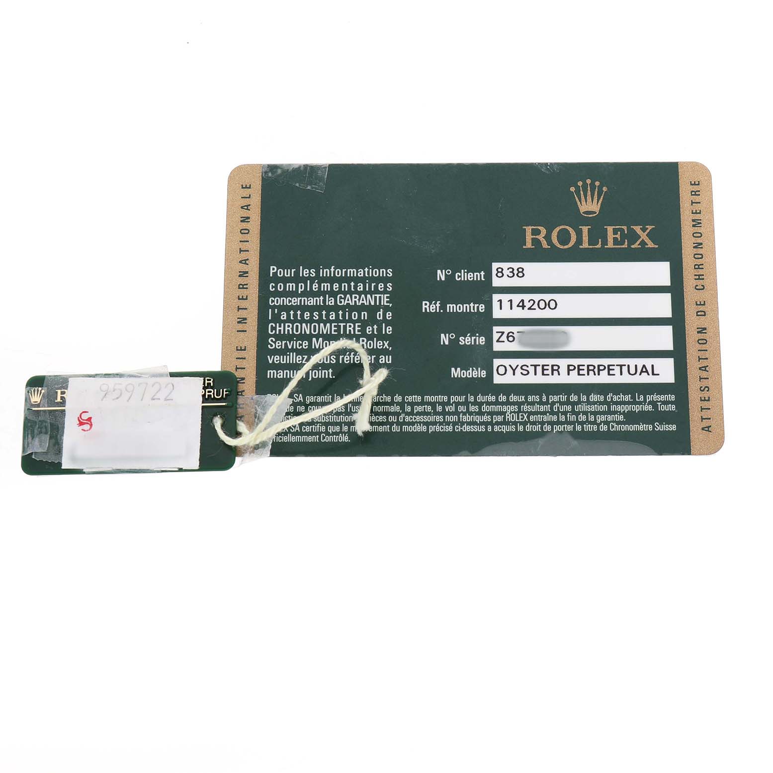 The image shows the certification and identification card for a Rolex Air-King 114200 Men's Stainless Steel Silver Dial watch, including serial and model numbers.