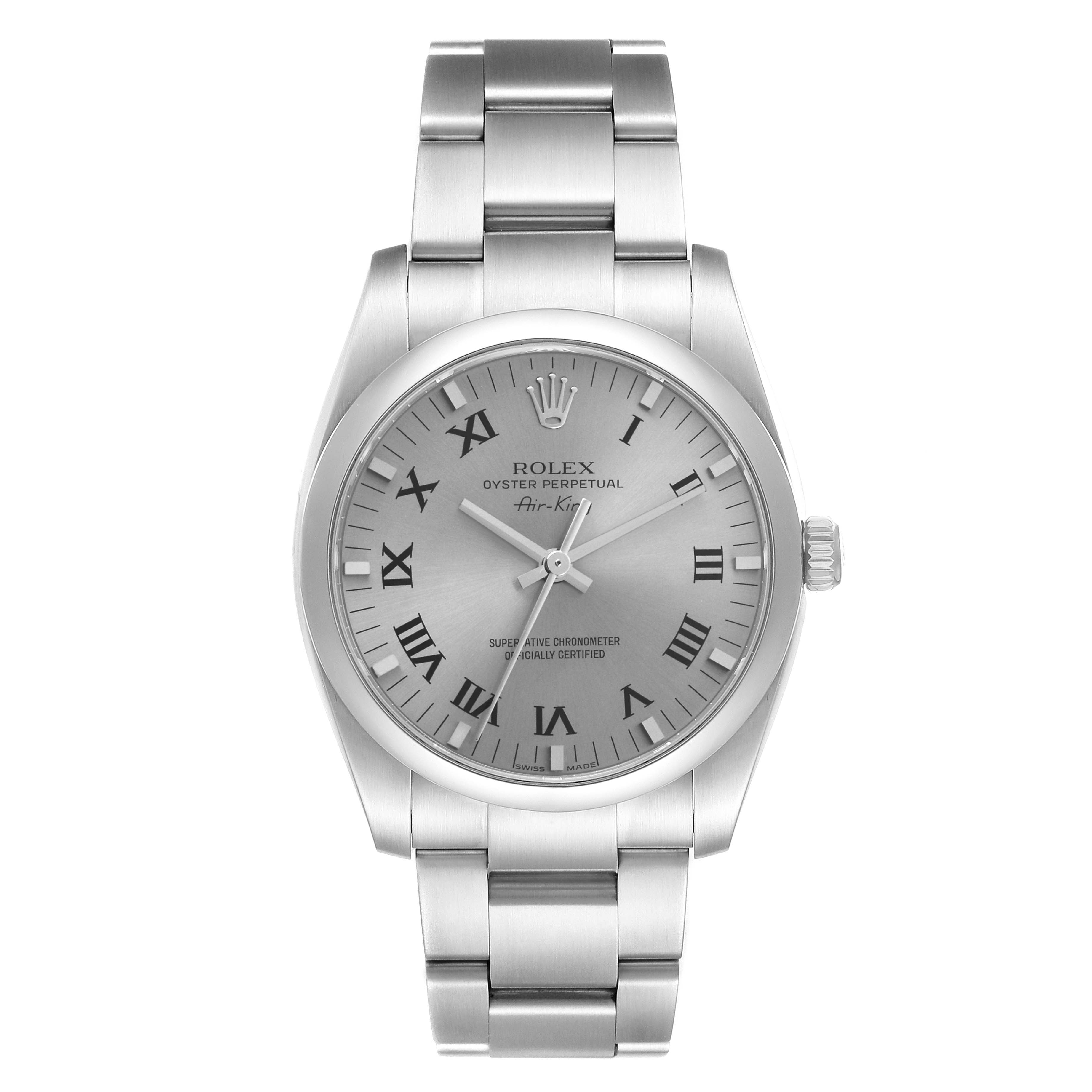 The Rolex Air-King 114200 Men's Stainless Steel Silver Dial watch is shown from a front angle, displaying the full face, bezel, and entire bracelet.
