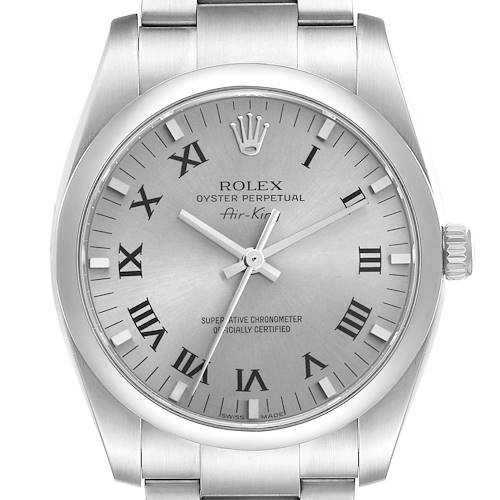 The Rolex Air-King 114200 Men's Stainless Steel Silver Dial is shown from the front, highlighting the dial, hour markers, hands, and crown.