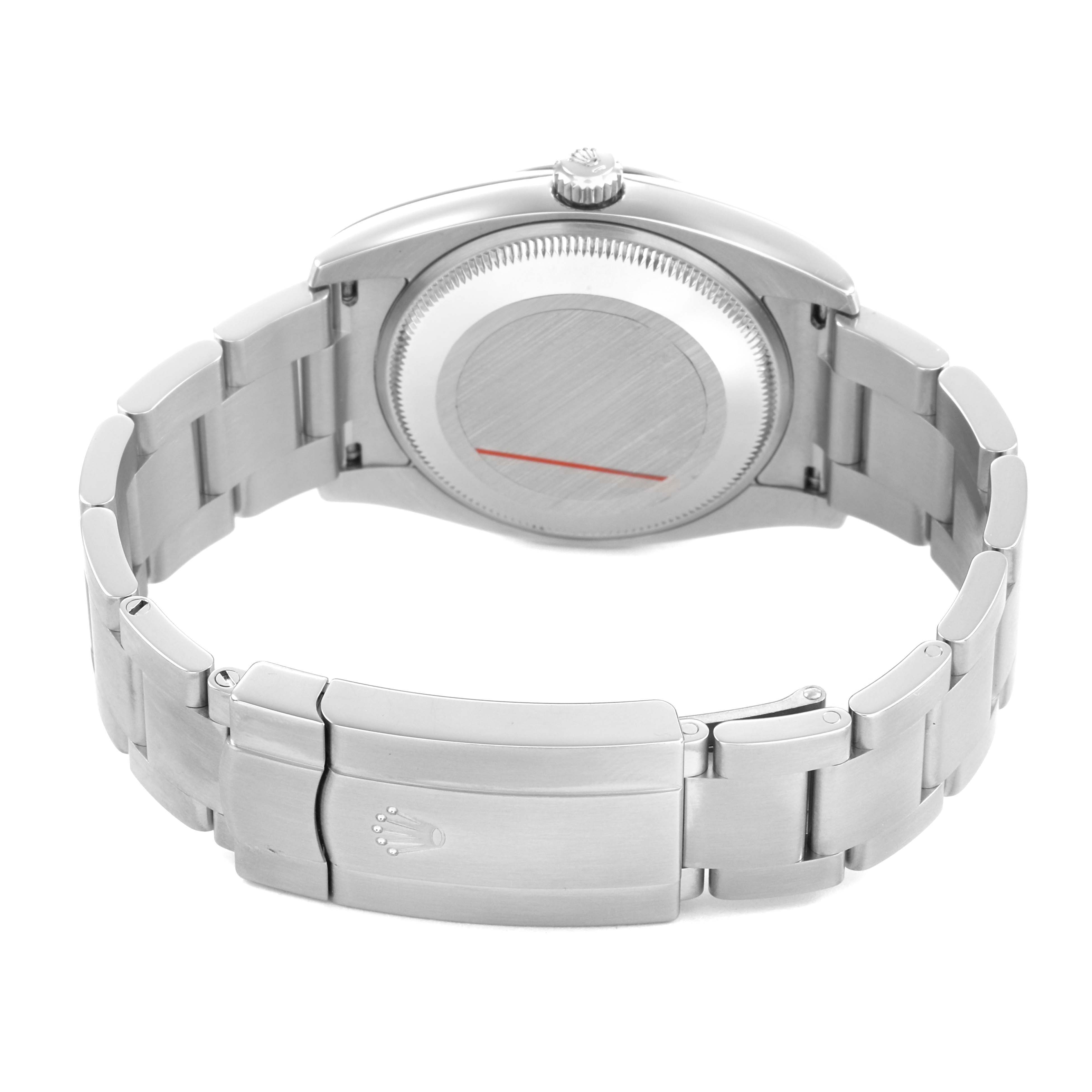 The image shows the back view of a Rolex Air-King 114200 Men's Stainless Steel Silver Dial, highlighting the case back and metal bracelet with clasp.