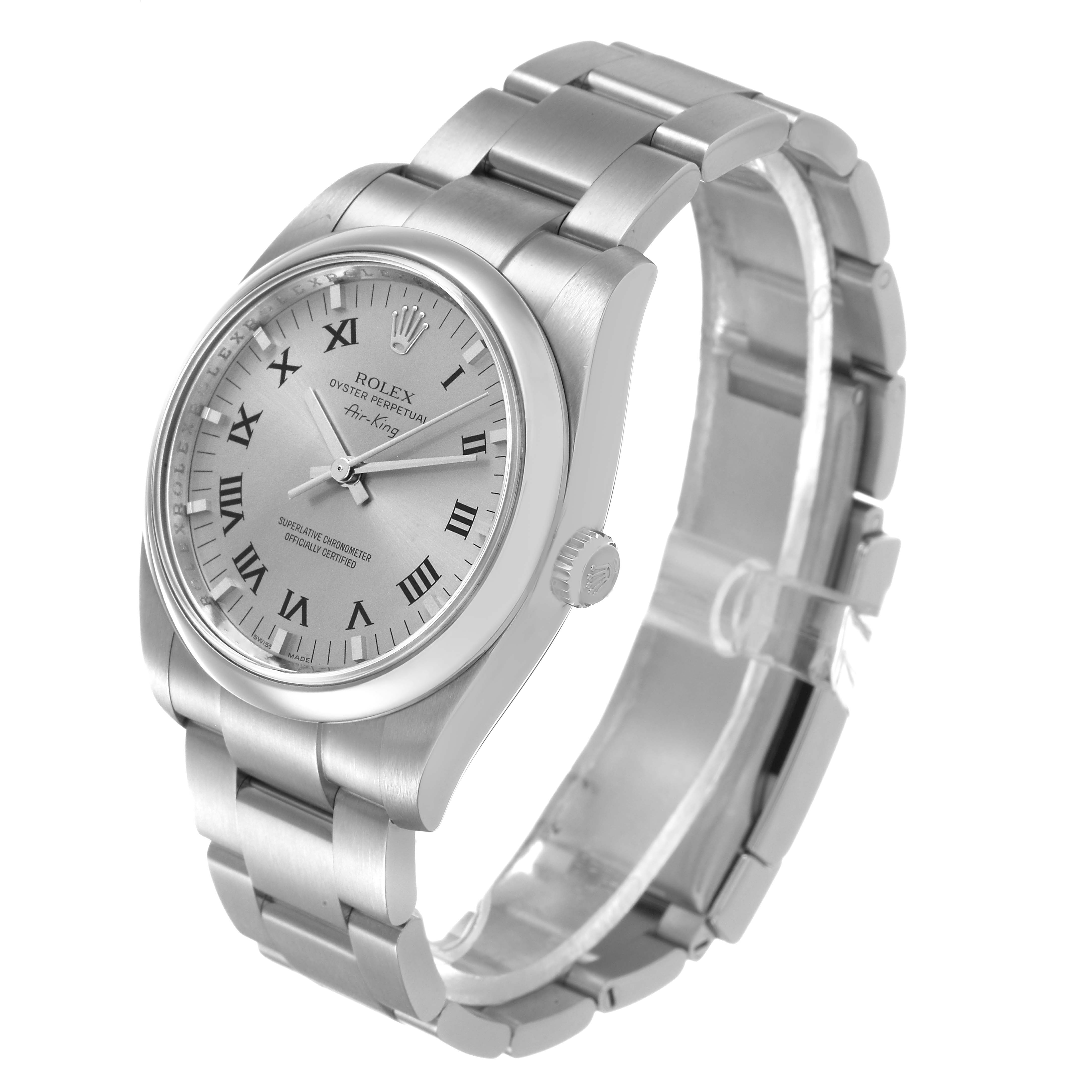 The Rolex Air-King 114200 Men's Stainless Steel Silver Dial watch is shown at a three-quarter angle, displaying the dial, bezel, case, and bracelet.