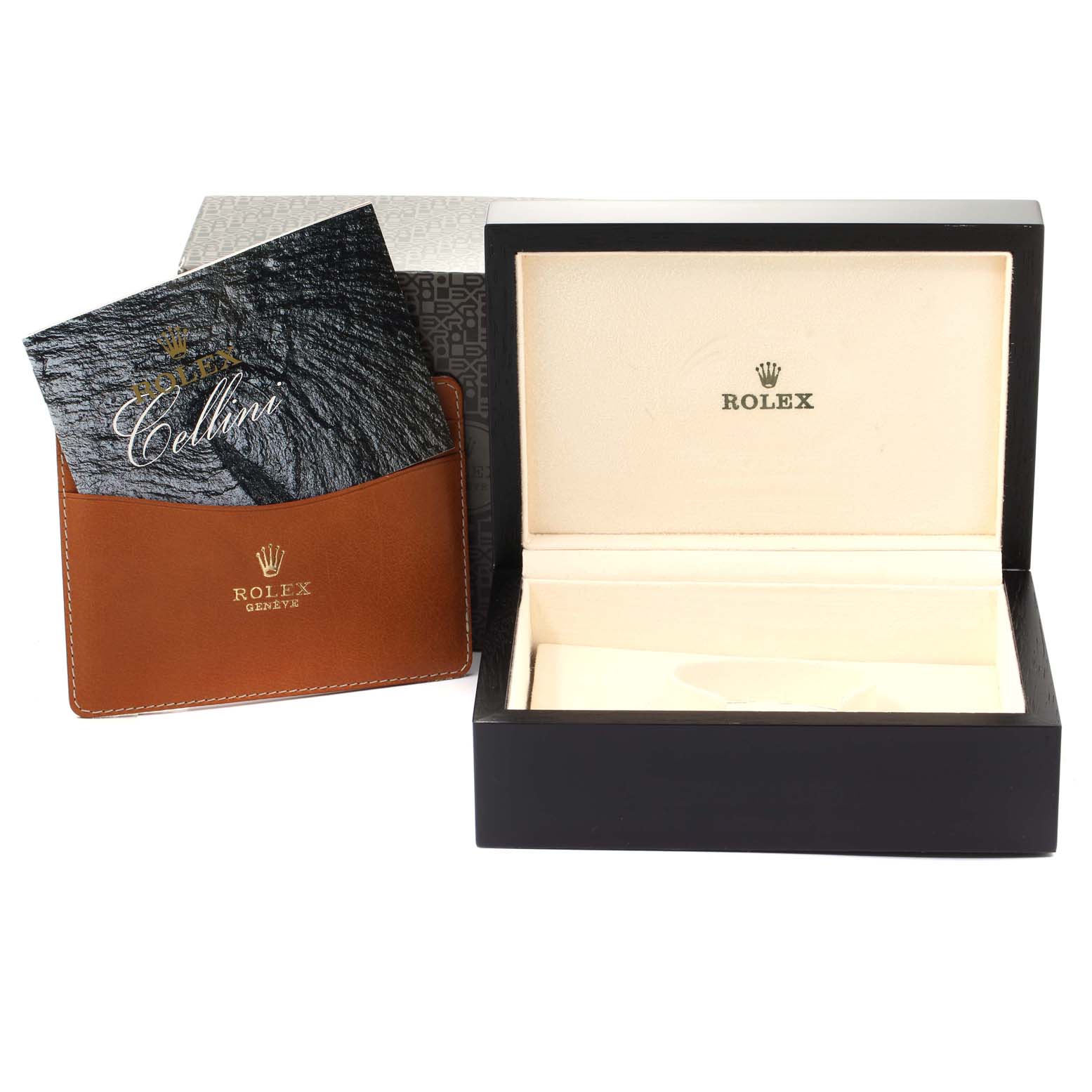 The image shows the open box and documentation for a Rolex Cellini 6321 Women's White Gold Mother of Pearl Dial 6321 Women's White Gold Mother of Pearl Dial watch.