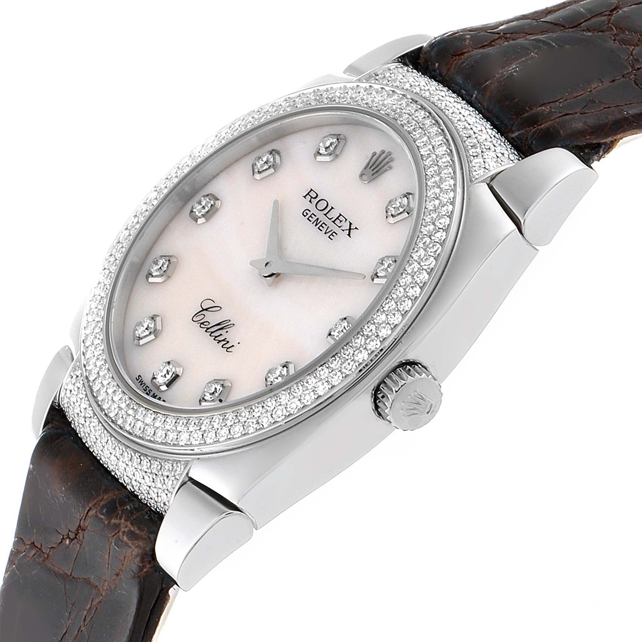The image shows a Rolex Cellini 6321 Women's White Gold Mother of Pearl Dial 6321 Women's White Gold Mother of Pearl Dial watch at a slight angle, highlighting its diamond-studded bezel, dial, hands, crown, and leather strap.