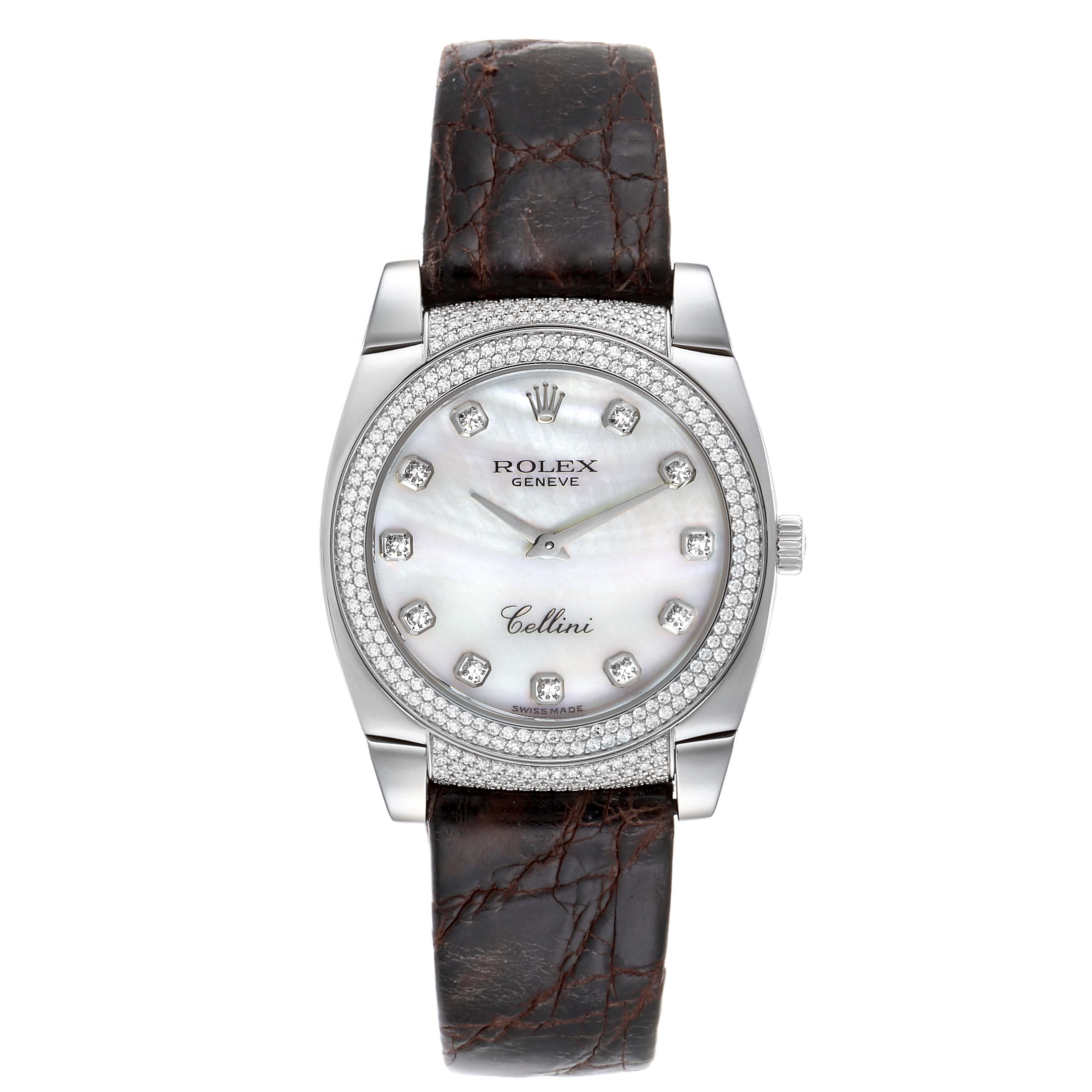 The Rolex Cellini 6321 Women's White Gold Mother of Pearl Dial 6321 Women's White Gold Mother of Pearl Dial watch is shown from a front angle, featuring its face, bezel, and strap.