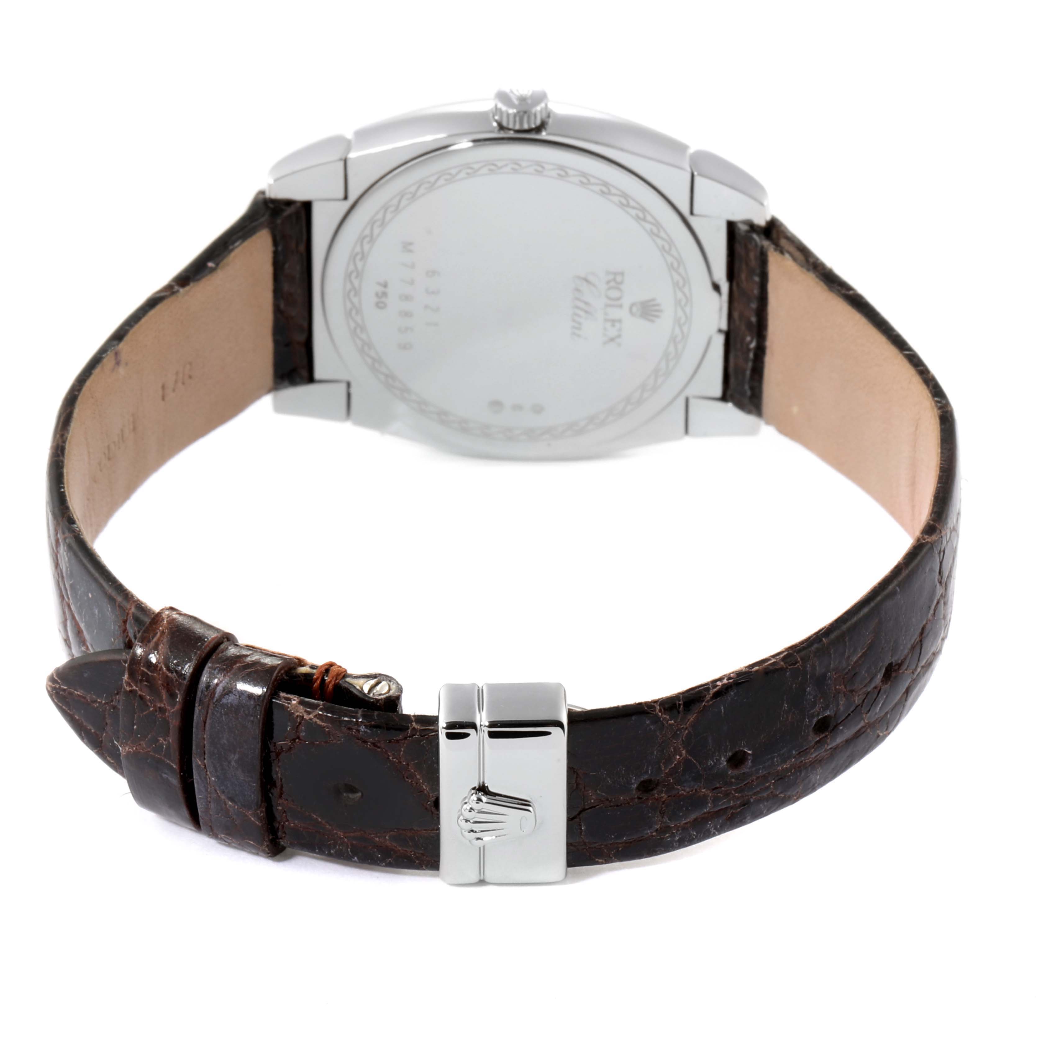 This image shows the back view of a Rolex Cellini 6321 Women's White Gold Mother of Pearl Dial 6321 Women's White Gold Mother of Pearl Dial watch with a focus on the brown leather strap and clasp.