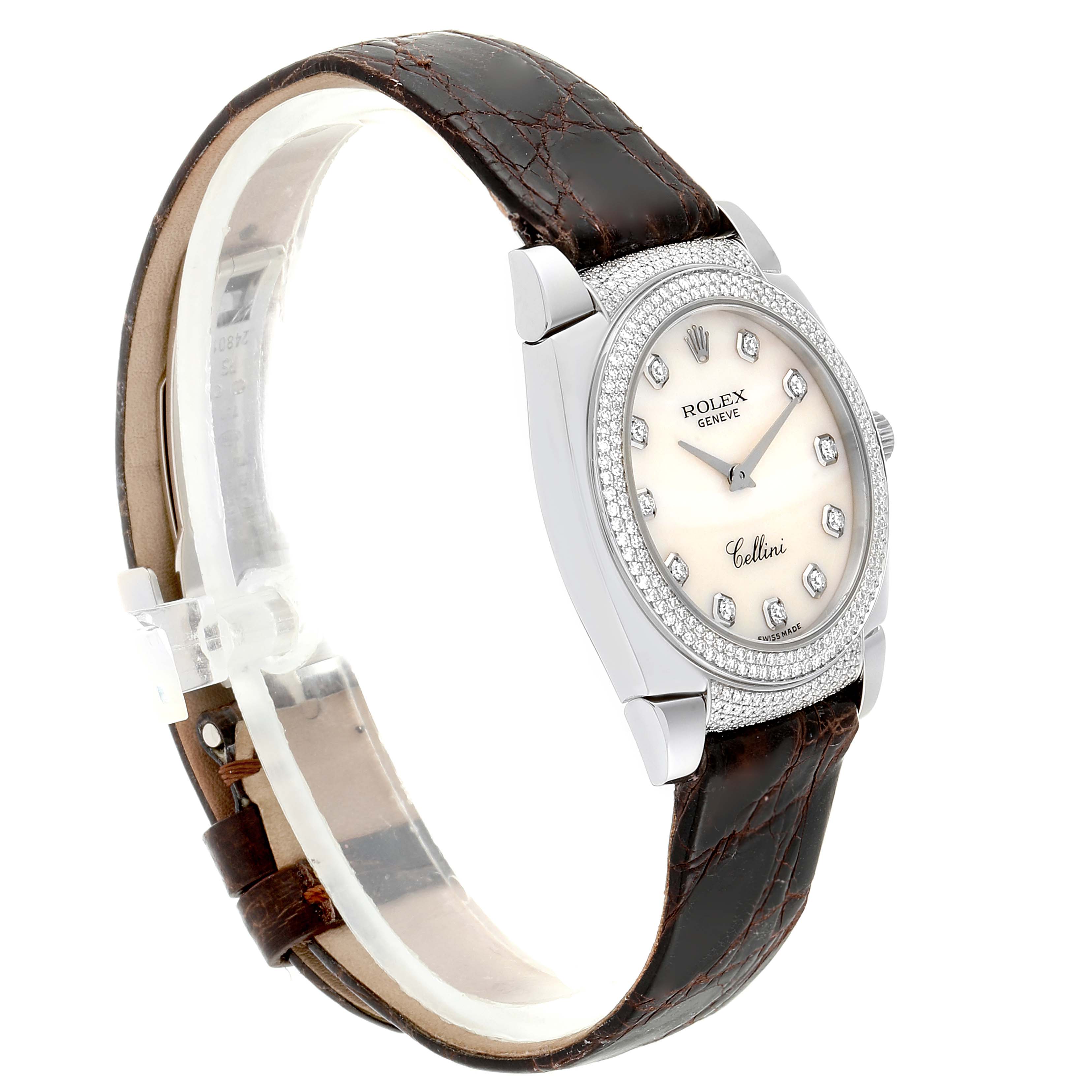 The image shows a Rolex Cellini 6321 Women's White Gold Mother of Pearl Dial 6321 Women's White Gold Mother of Pearl Dial watch from a side angle, highlighting its leather strap, dial, and bezel.