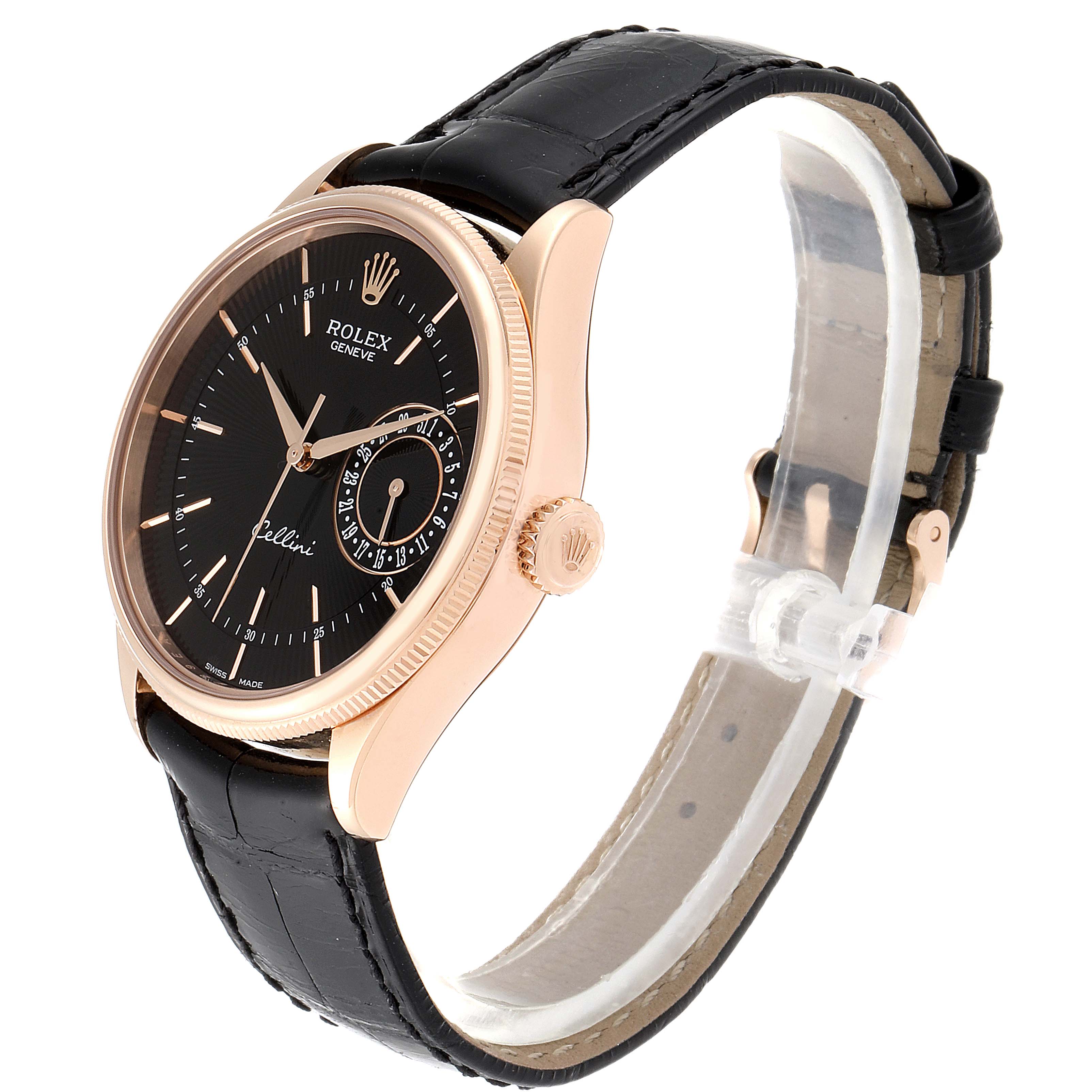 The Rolex Cellini 50515 Men's Rose Gold Black Dial 50515 Men's Rose Gold Black Dial watch is shown at a three-quarter angle, displaying its black dial, rose gold case, and black leather strap.