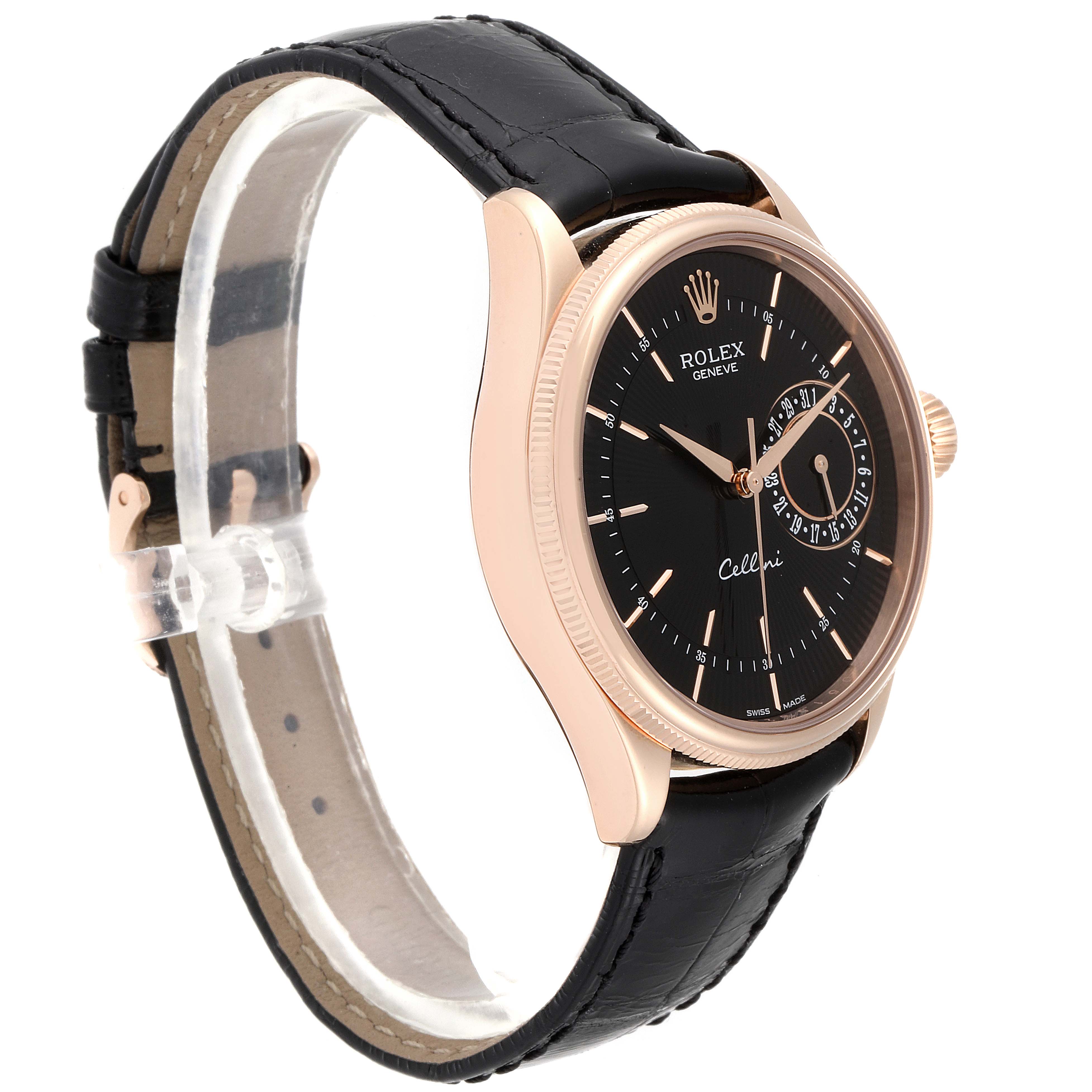 The Rolex Cellini 50515 Men's Rose Gold Black Dial 50515 Men's Rose Gold Black Dial watch is shown in a three-quarter profile angle, revealing its black dial, leather strap, and rose gold case.