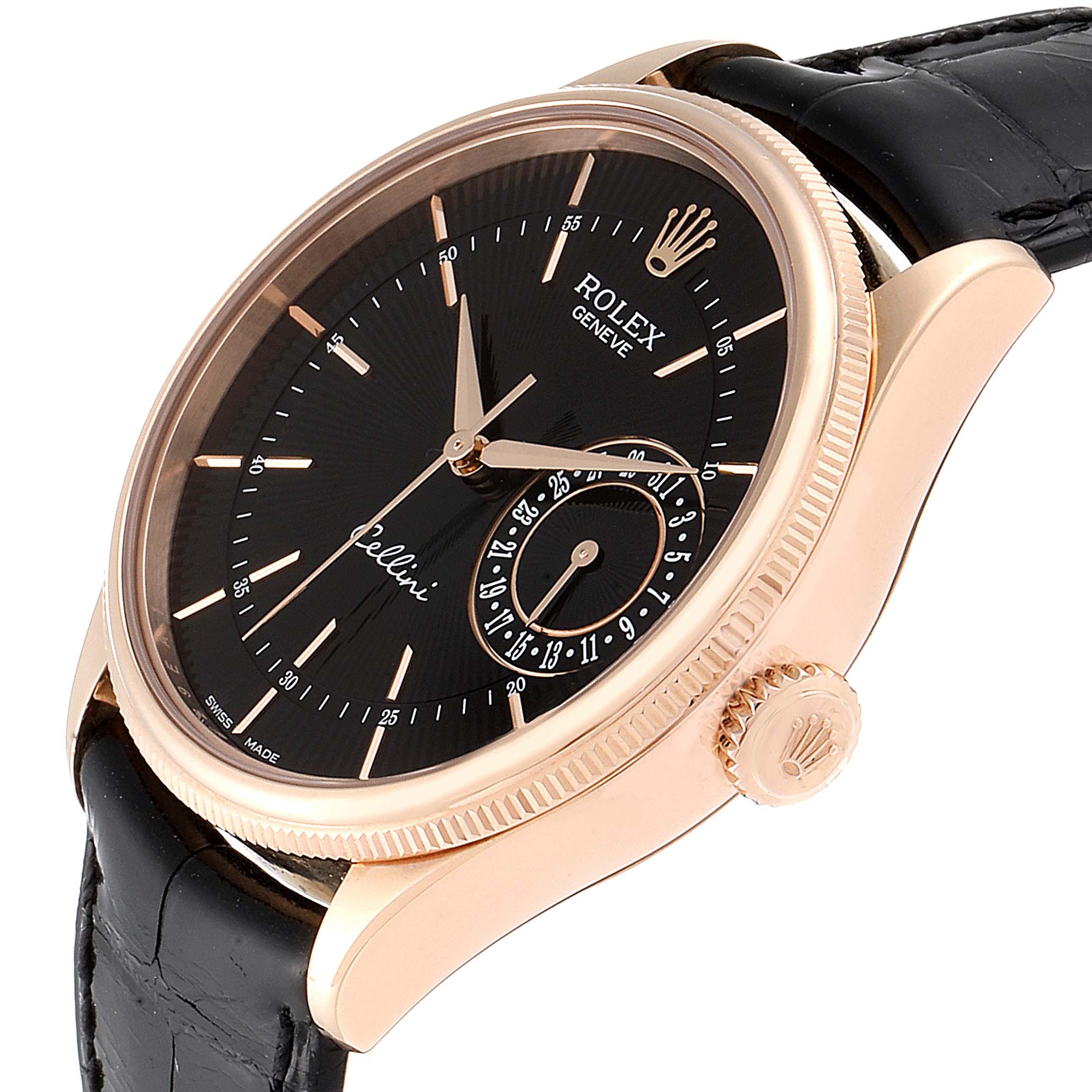 The image shows a Rolex Cellini 50515 Men's Rose Gold Black Dial 50515 Men's Rose Gold Black Dial watch from an angled side view, highlighting its black dial, gold case, crown, and black leather strap.