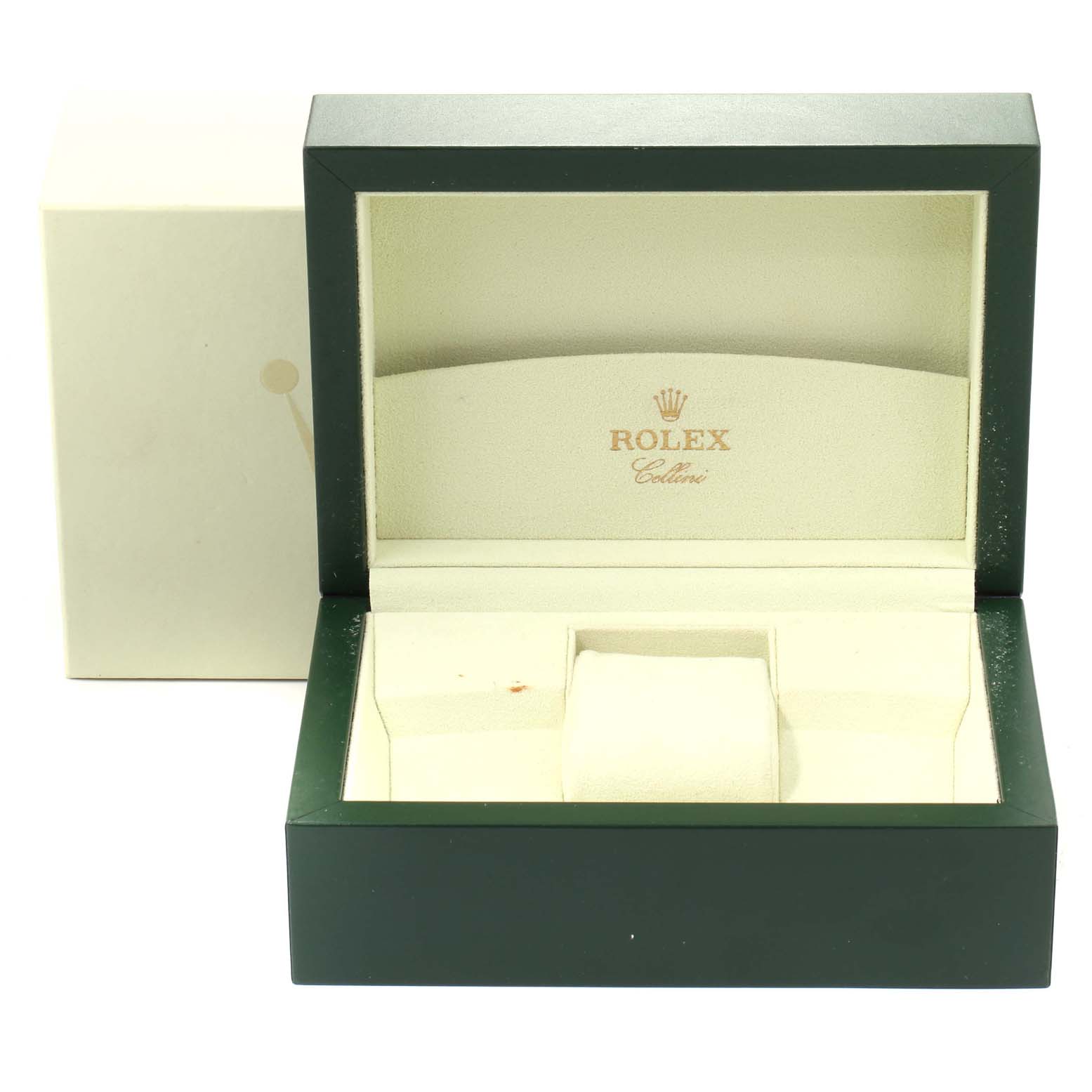 The image shows an open watch box for a Rolex Cellini 50515 Men's Rose Gold Black Dial 50515 Men's Rose Gold Black Dial model, viewed from the front.