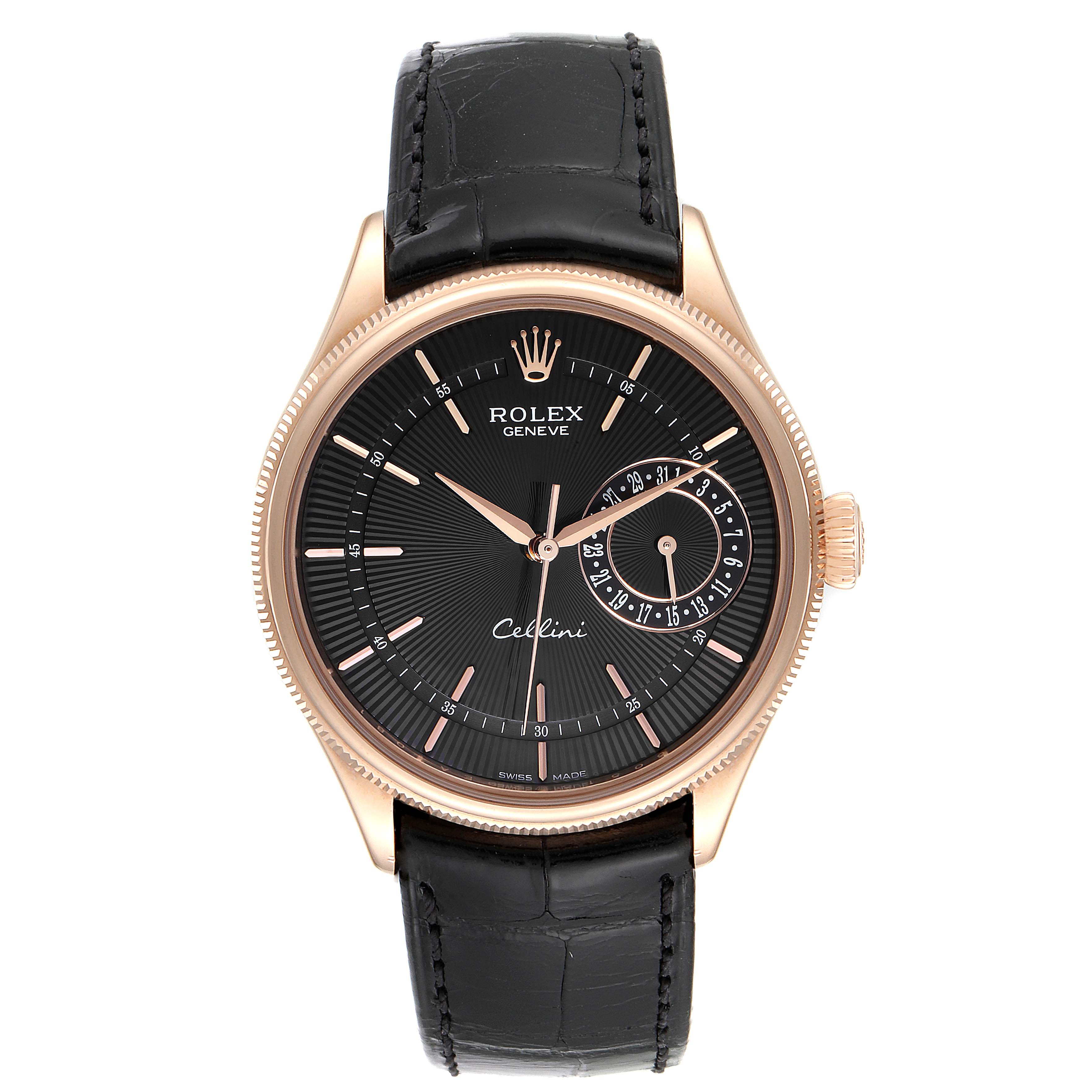 The image shows a Rolex Cellini 50515 Men's Rose Gold Black Dial 50515 Men's Rose Gold Black Dial watch front view, featuring its face, hands, bezel, crown, and leather strap.