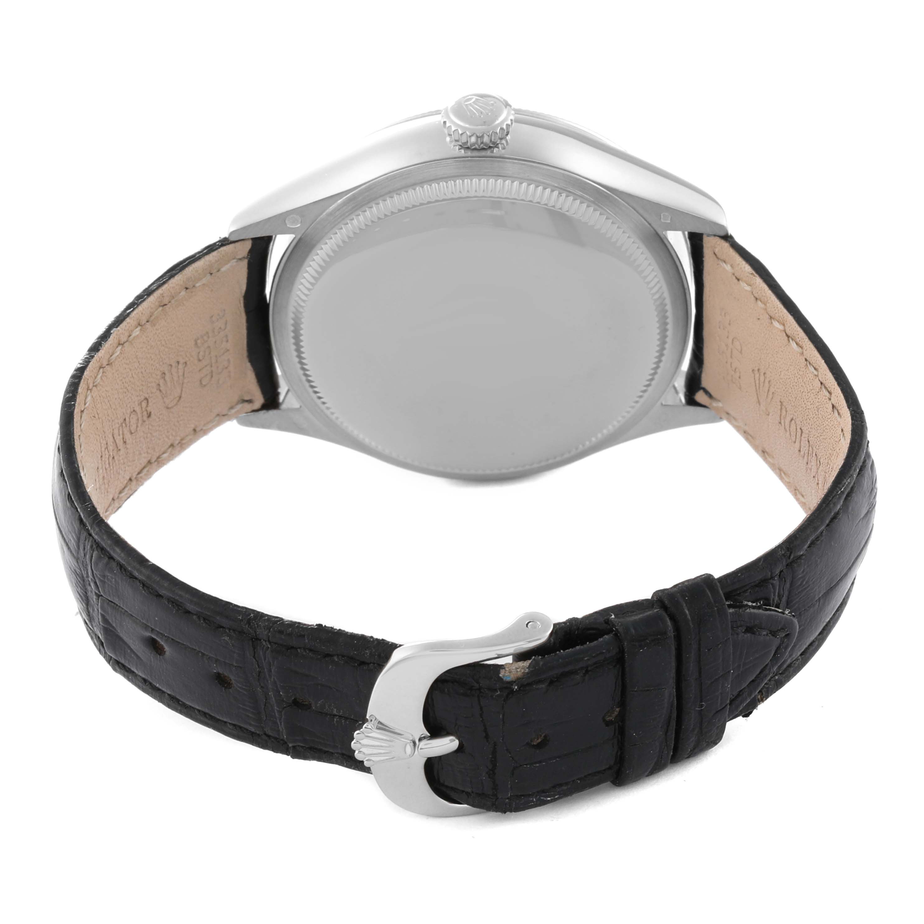 The image shows the back view of a Rolex Cellini 50519 Men's White Gold Blue Dial 50519 Men's White Gold Blue Dial watch, featuring the case, crown, and black leather strap with a buckle clasp.