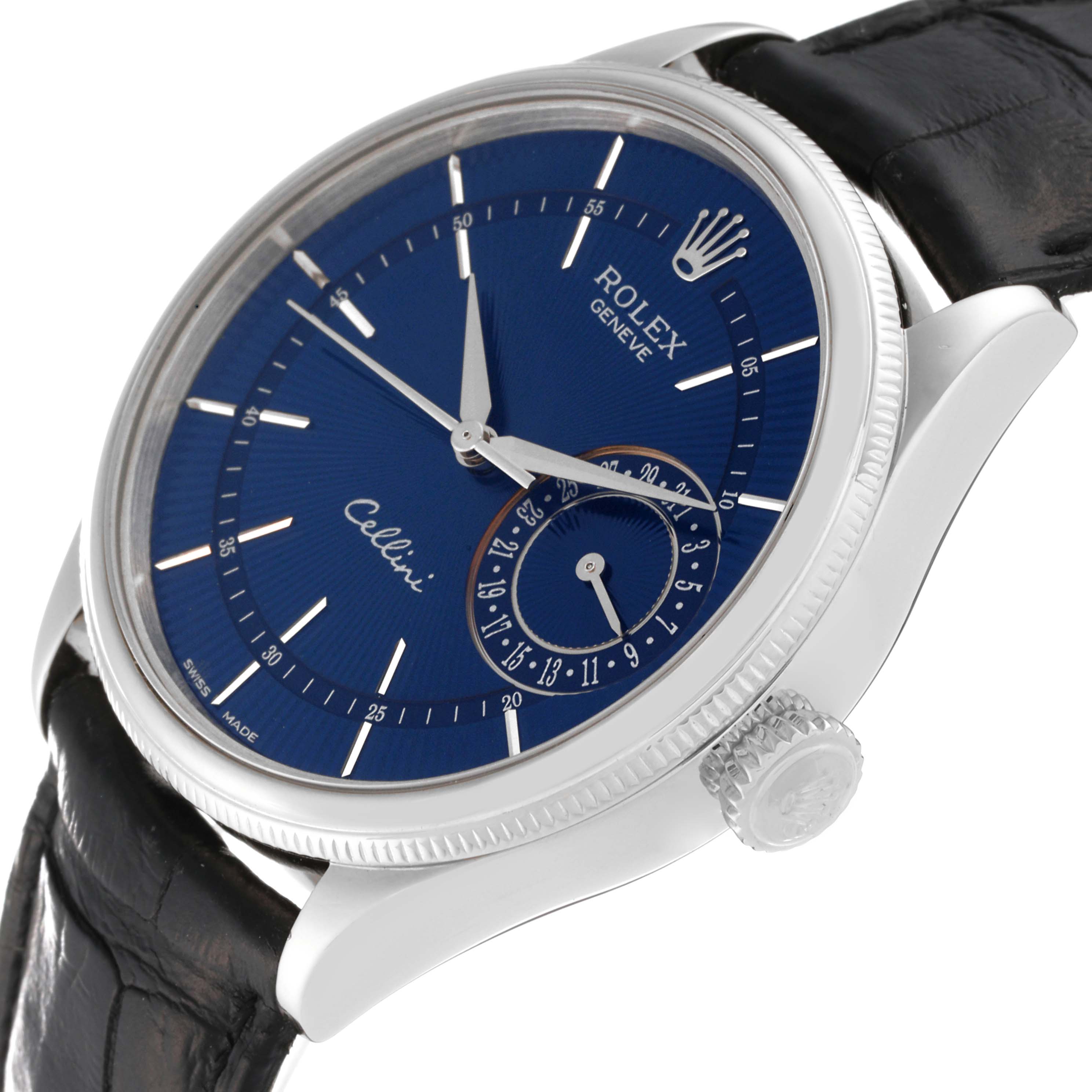 The image shows a Rolex Cellini 50519 Men's White Gold Blue Dial 50519 Men's White Gold Blue Dial watch at an angled close-up view, highlighting the blue dial, crown, and part of the black leather strap.