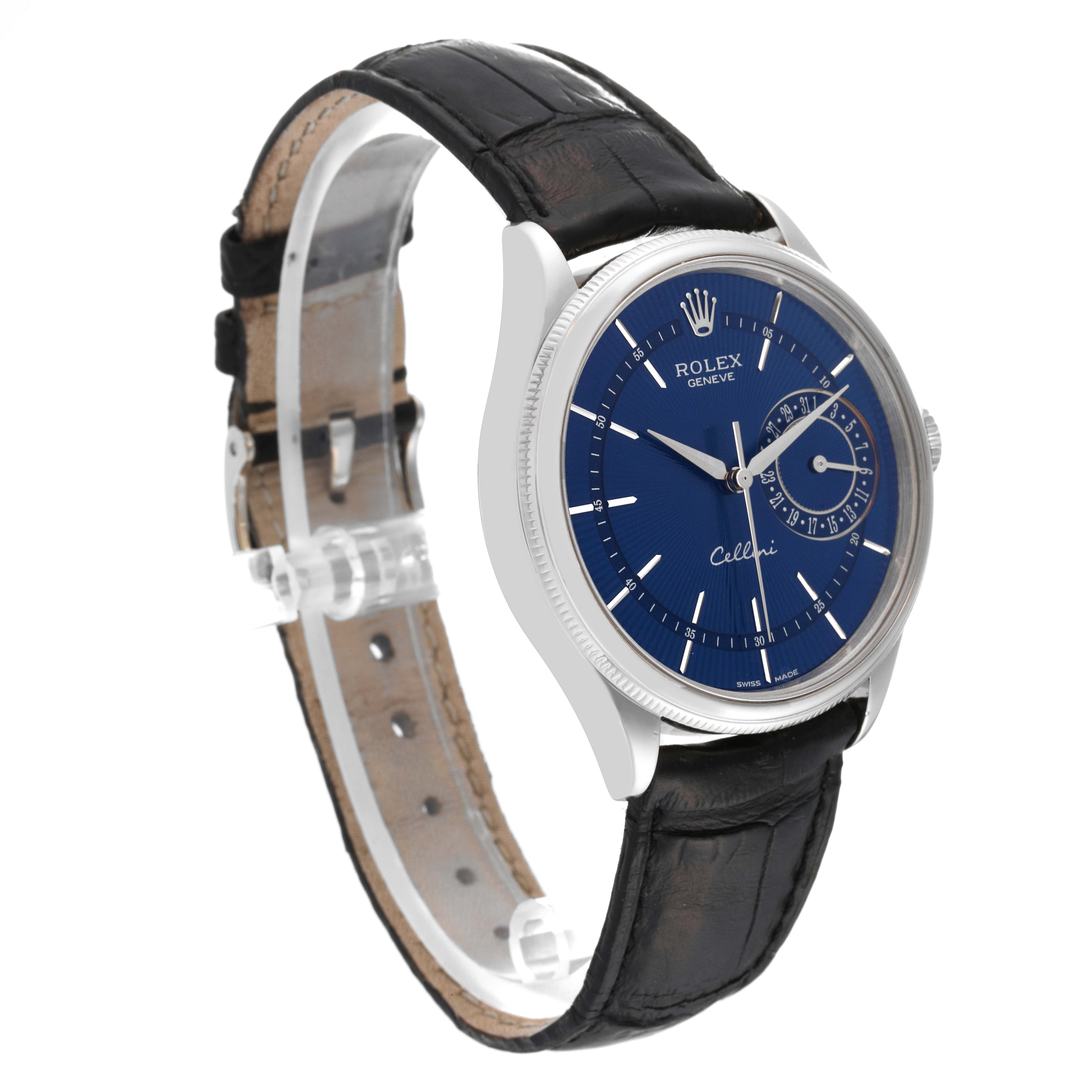 The Rolex Cellini 50519 Men's White Gold Blue Dial 50519 Men's White Gold Blue Dial watch is shown at an oblique angle, displaying its blue dial, black leather strap, and side profile of the case.