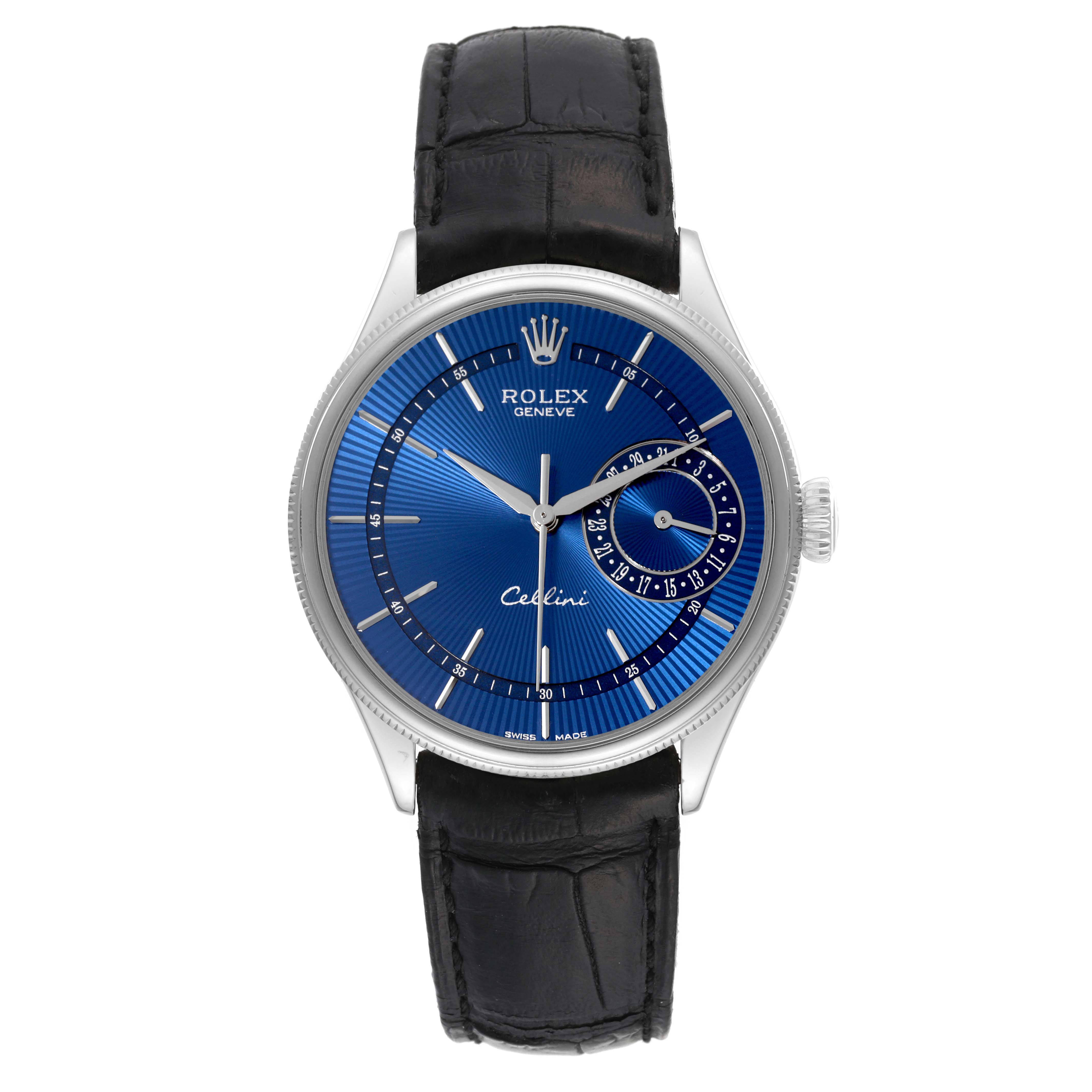 The Rolex Cellini 50519 Men's White Gold Blue Dial 50519 Men's White Gold Blue Dial watch is shown from a front angle, displaying its blue dial, time, date sub-dial, and black leather strap.