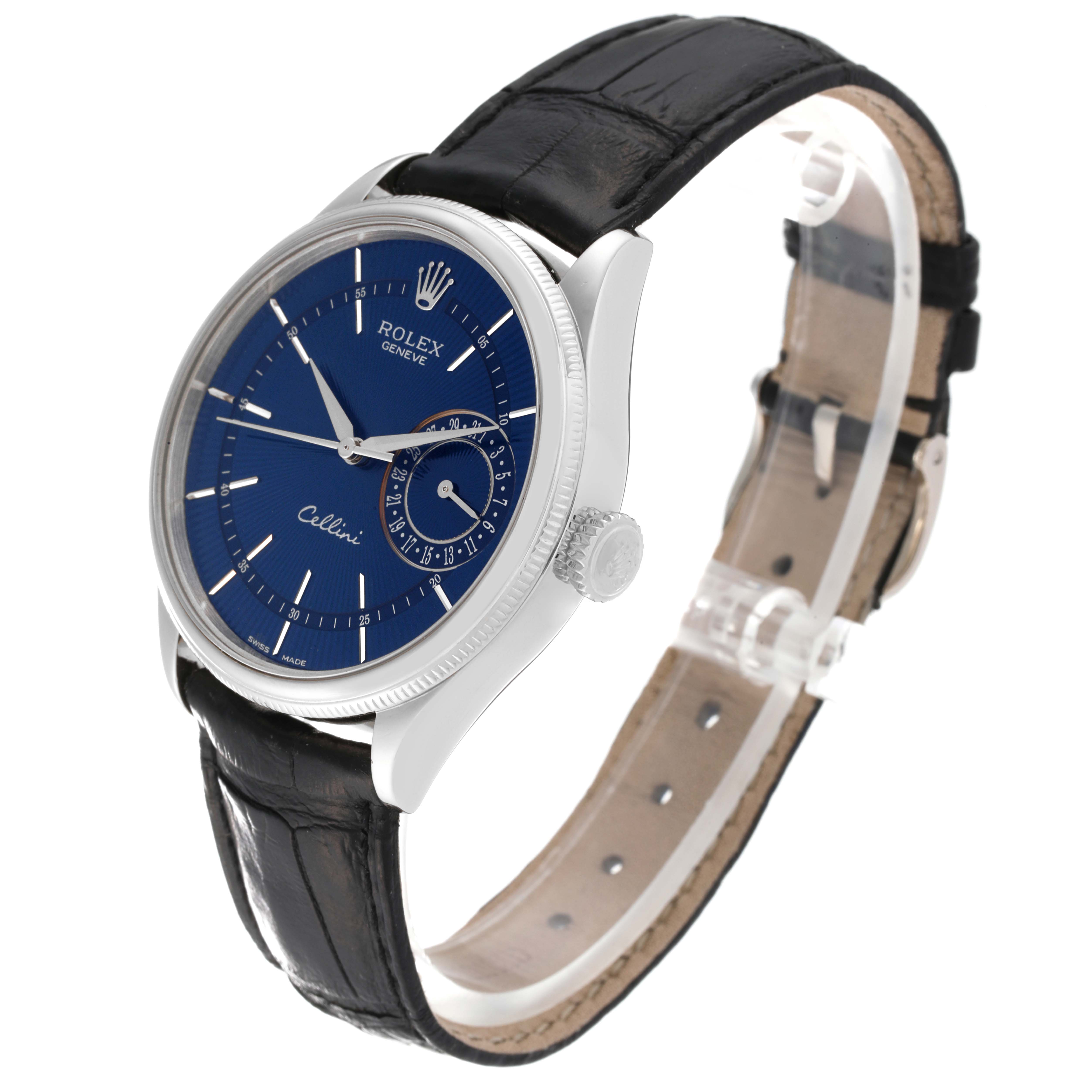 The Rolex Cellini 50519 Men's White Gold Blue Dial 50519 Men's White Gold Blue Dial watch is shown at a slight angle, displaying its blue dial, silver hands, and black leather strap.