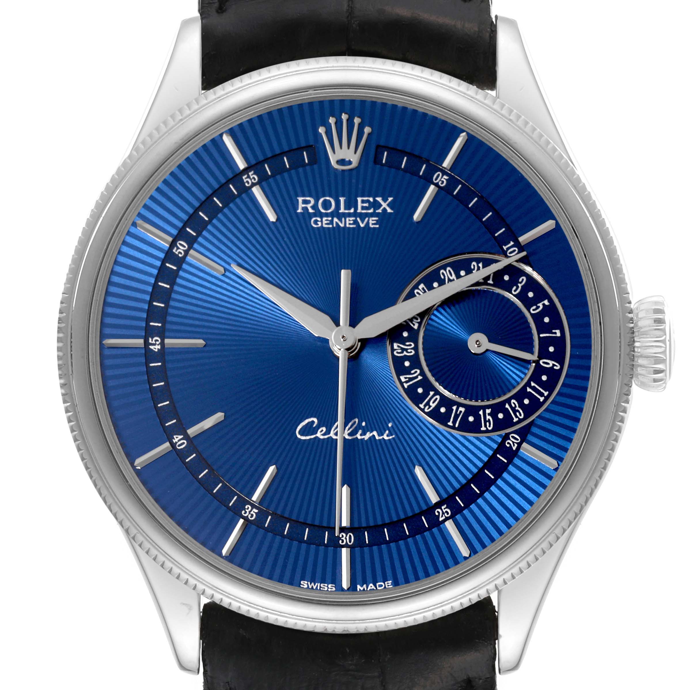 The image shows a front view of a Rolex Cellini 50519 Men's White Gold Blue Dial 50519 Men's White Gold Blue Dial watch, featuring a blue dial, silver markers, and a leather strap.