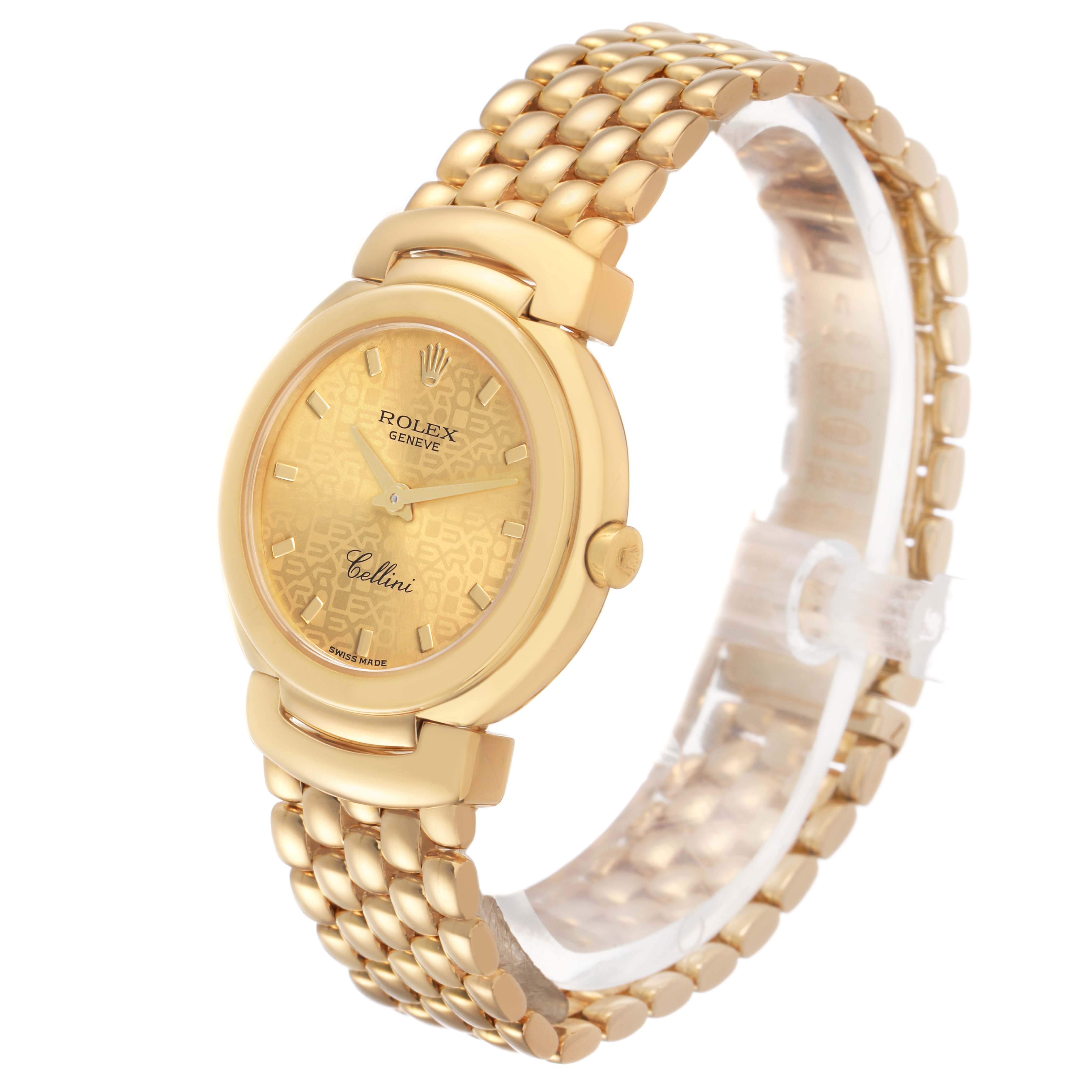 The Rolex Cellini 6621 Women's Yellow Gold Champagne Dial watch is angled diagonally, showing the face, bezel, crown, and linked bracelet.