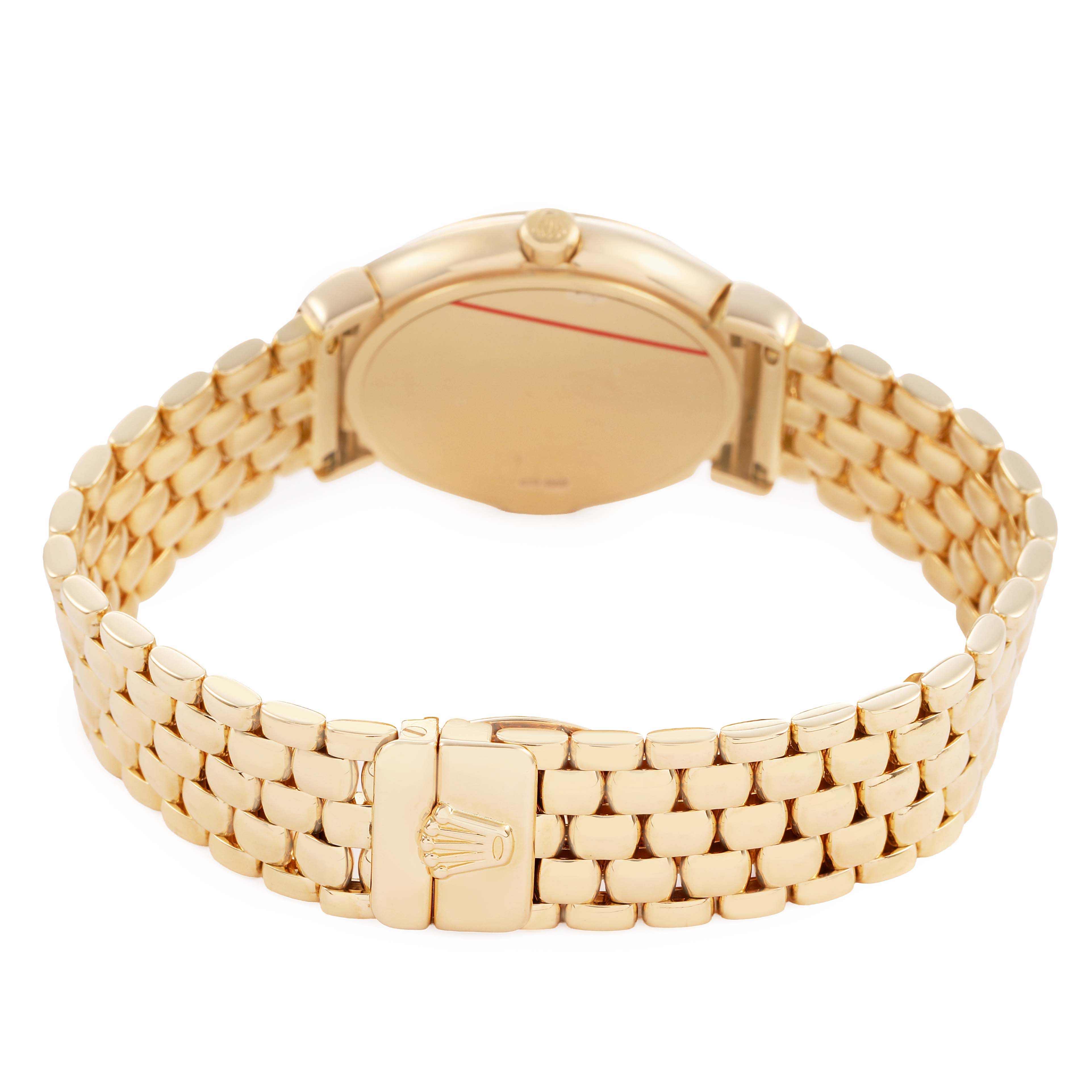 The image shows the back and bracelet of a Rolex Cellini 6621 Women's Yellow Gold Champagne Dial watch, highlighting its gold material and clasp.