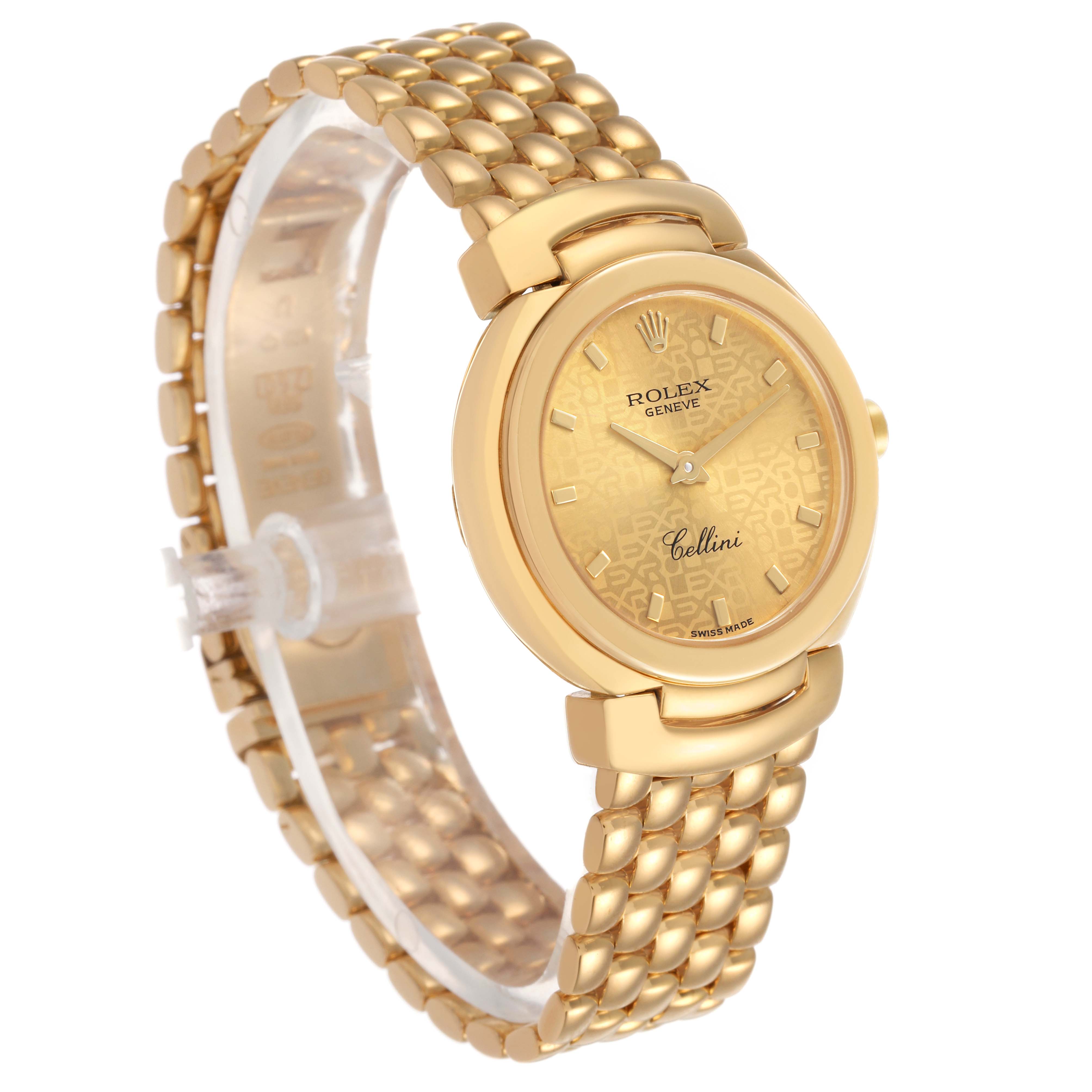 The Rolex Cellini 6621 Women's Yellow Gold Champagne Dial watch is shown at a three-quarter angle, highlighting its gold case, dial, and bracelet.