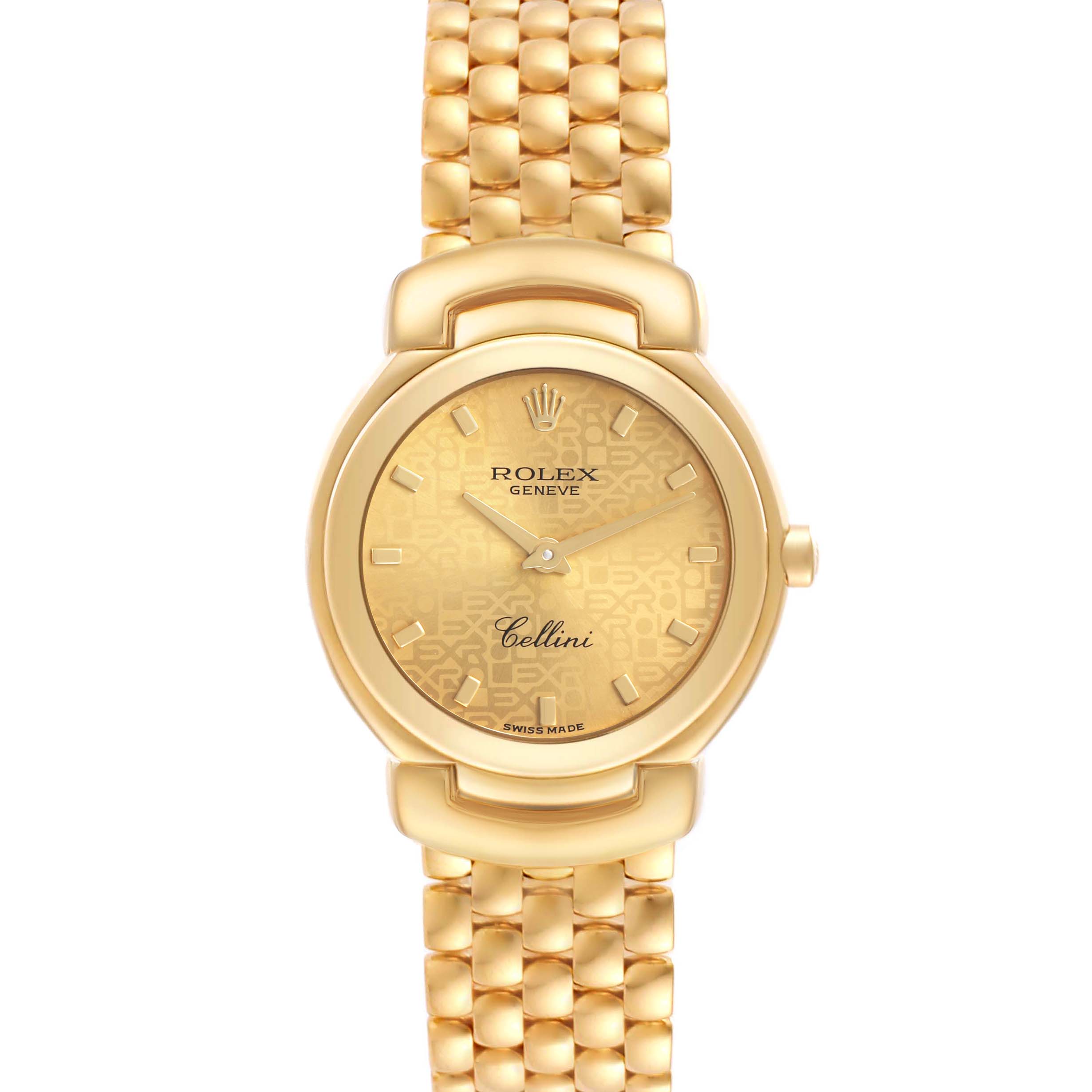 The Rolex Cellini 6621 Women's Yellow Gold Champagne Dial watch is shown from a front angle, highlighting the dial, case, and bracelet.