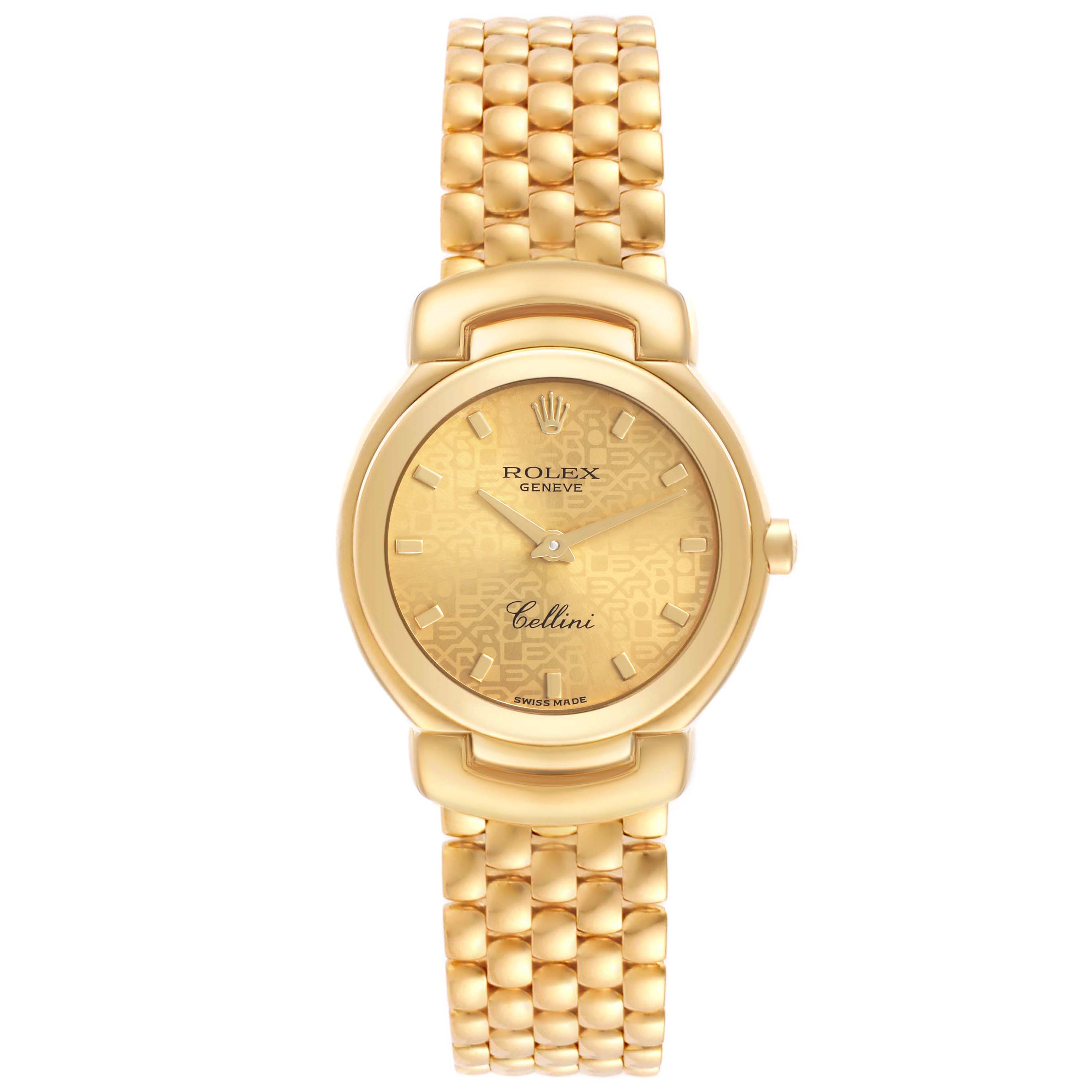 The Rolex Cellini 6621 Women's Yellow Gold Champagne Dial watch is shown from the front, displaying the face, case, and bracelet clearly.
