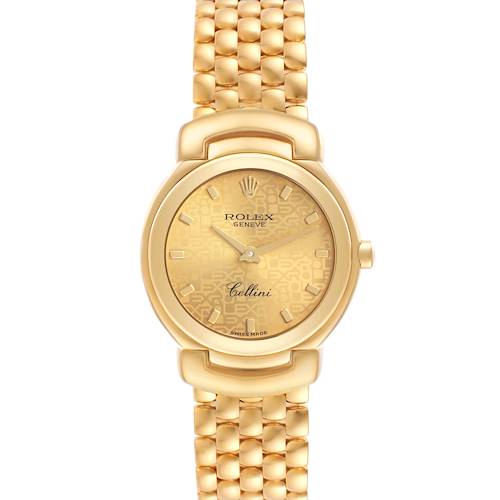 The image shows a front view of a Rolex Cellini 6621 Women's Yellow Gold Champagne Dial watch, highlighting its gold case, face, and intricate bracelet.