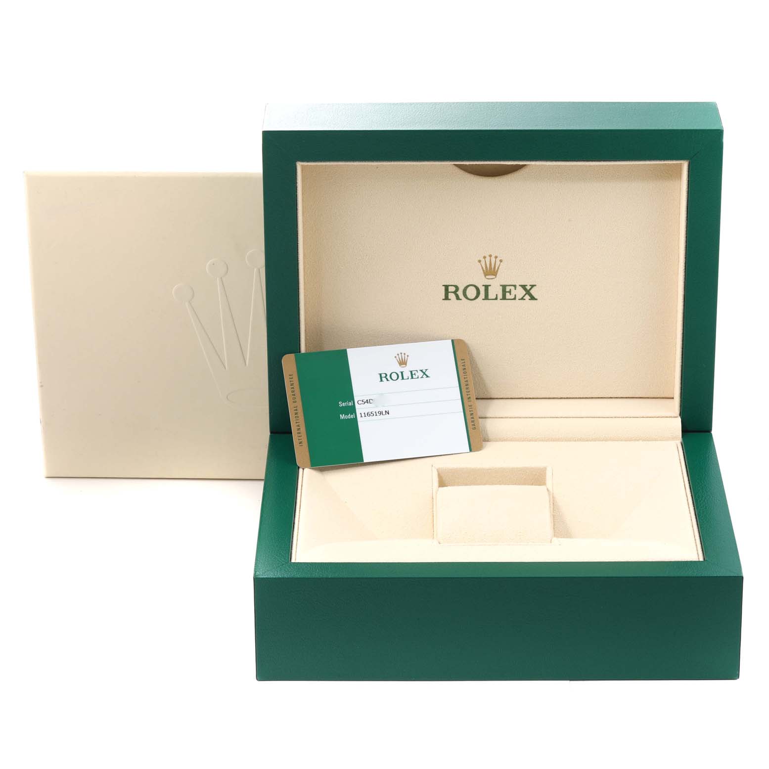 This image shows the open box and authentication card for a Rolex Daytona 116519 Men's White Gold Grey Dial 116519 Men's White Gold Grey Dial watch.