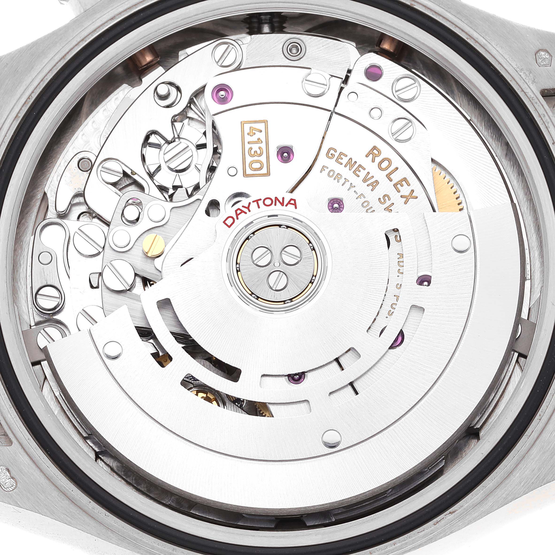 The image shows the detailed internal mechanics of a Rolex Daytona 116519 Men's White Gold Grey Dial 116519 Men's White Gold Grey Dial watch from a back view angle.